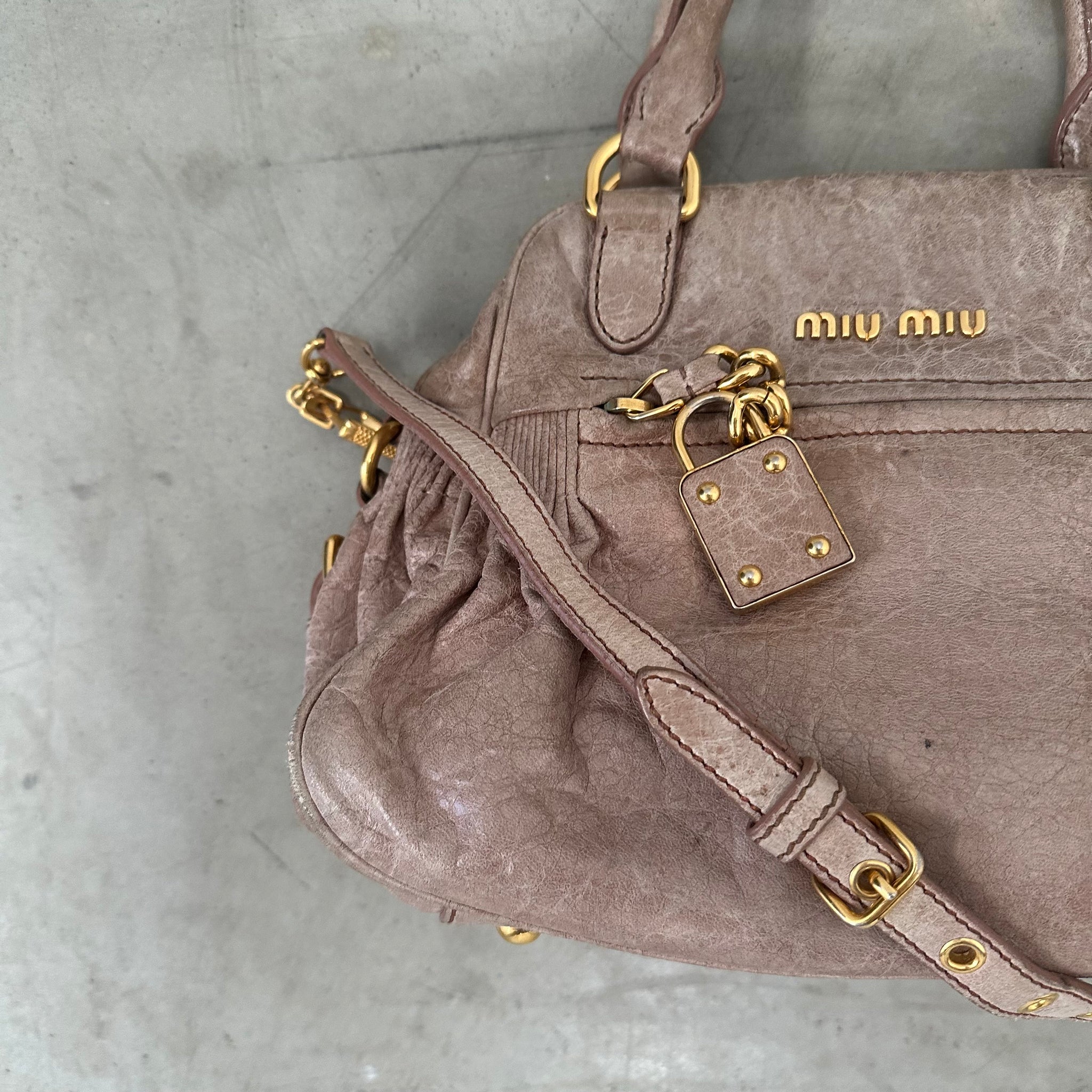 Miu Miu Beige Vitello Lux Leather Charm Crossbody / Hand Bag