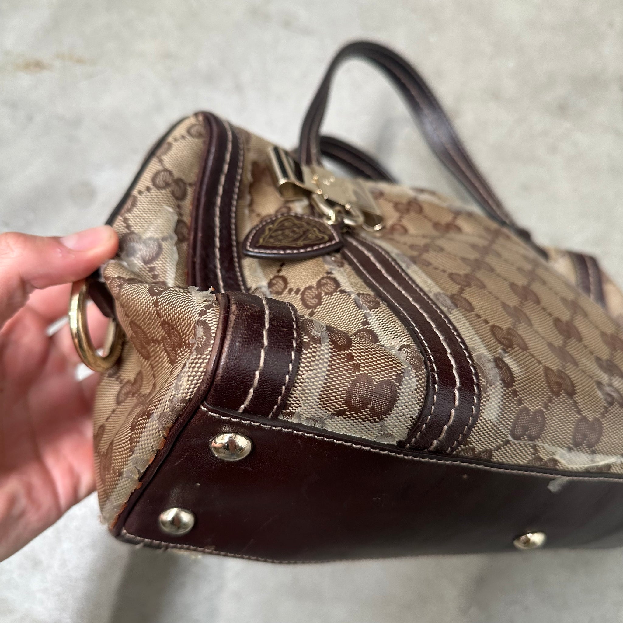 Gucci Brown GG Crystal Duchessa Boston Bag Beige Dark Brown