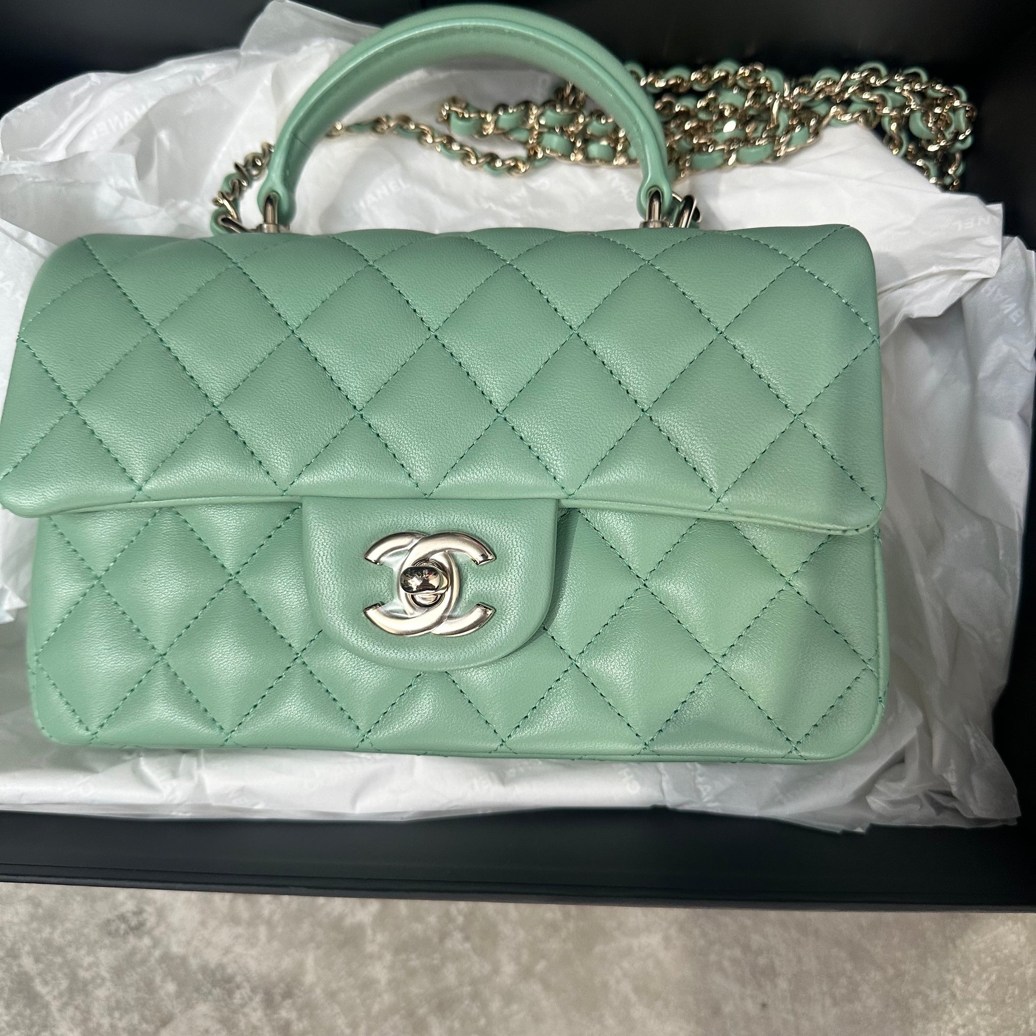 Chanel Green Mini Flap Top Handle Bag