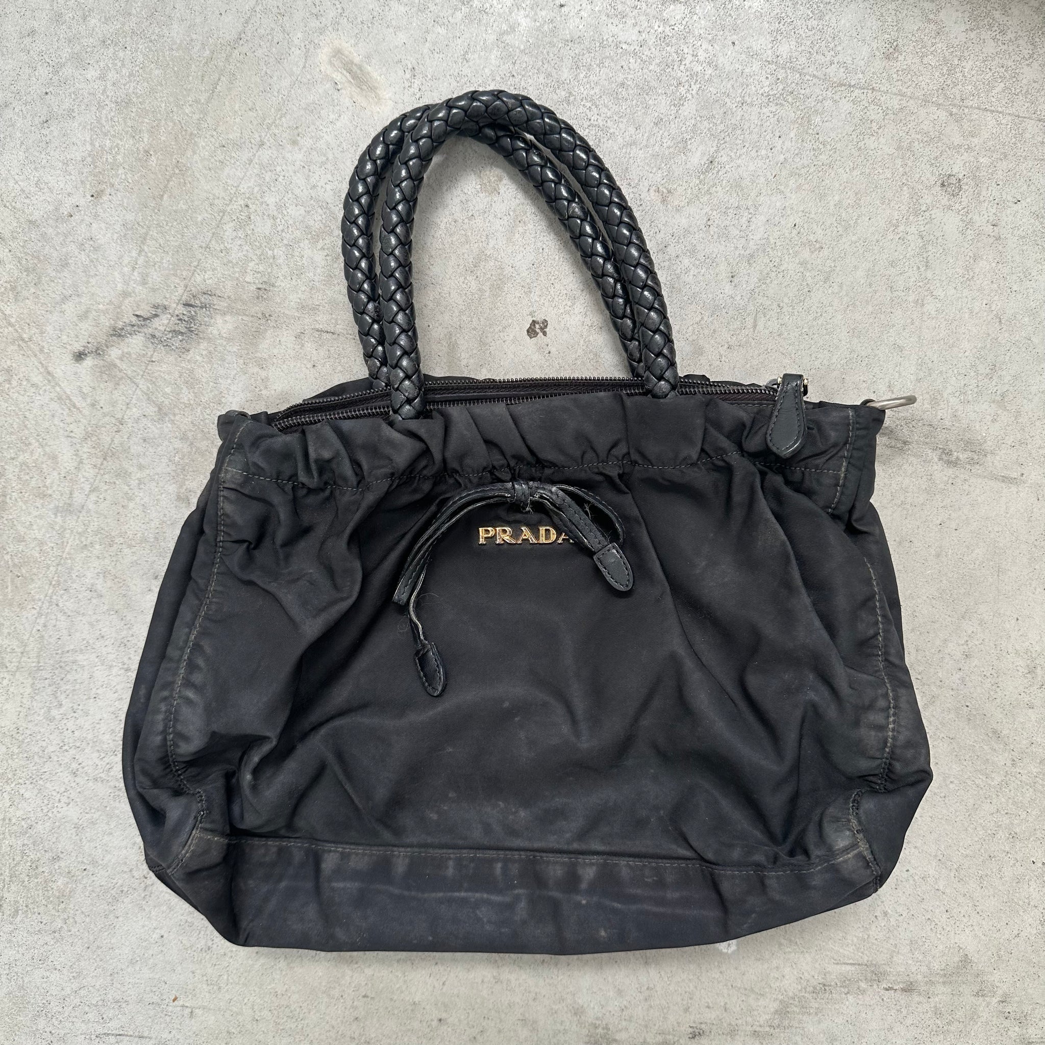 Prada Ribbon Front Logo Hand Bag Nylon Black
