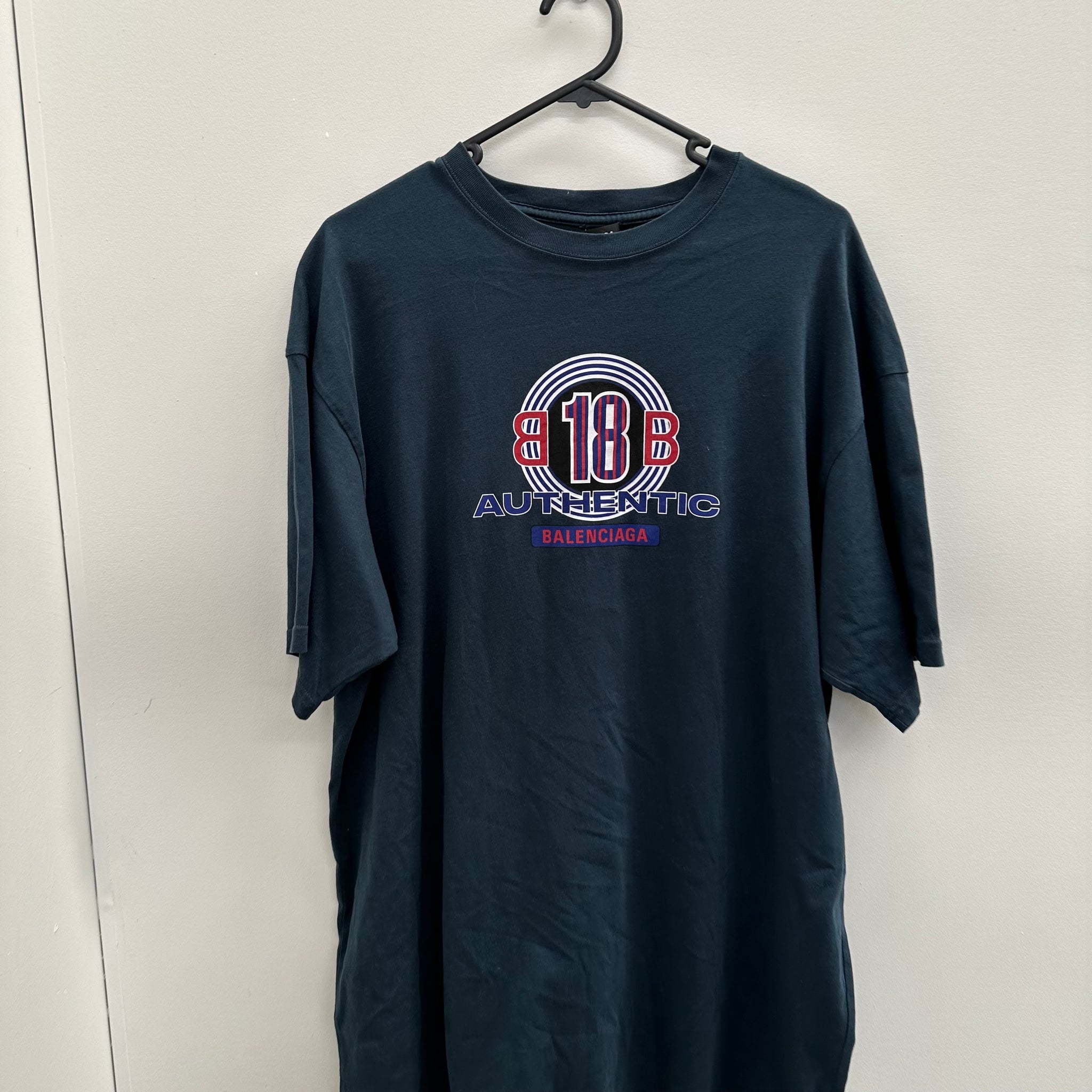 Balenciaga Navy Authentic Print Logo T-shirt (Fits L-XL)