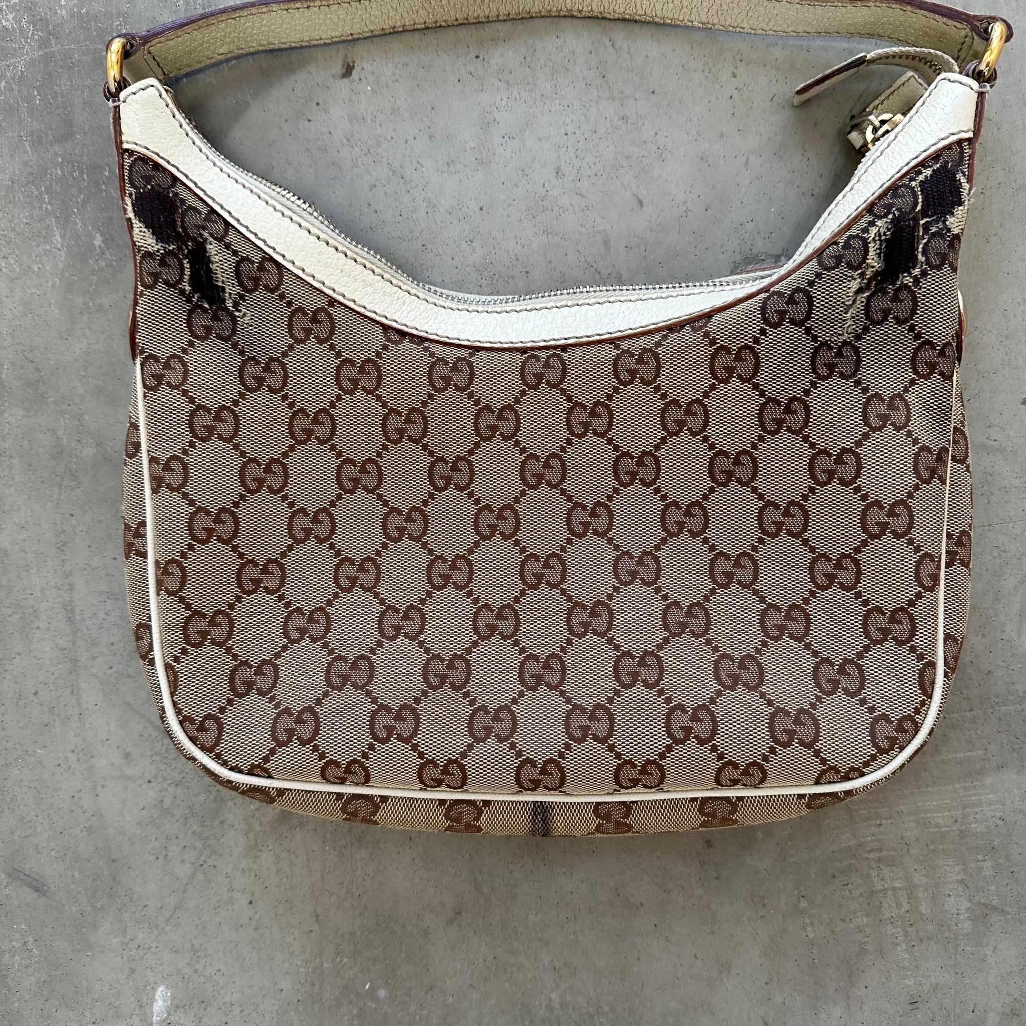 Gucci Canvas Logo Print Shoulder Bag Beige