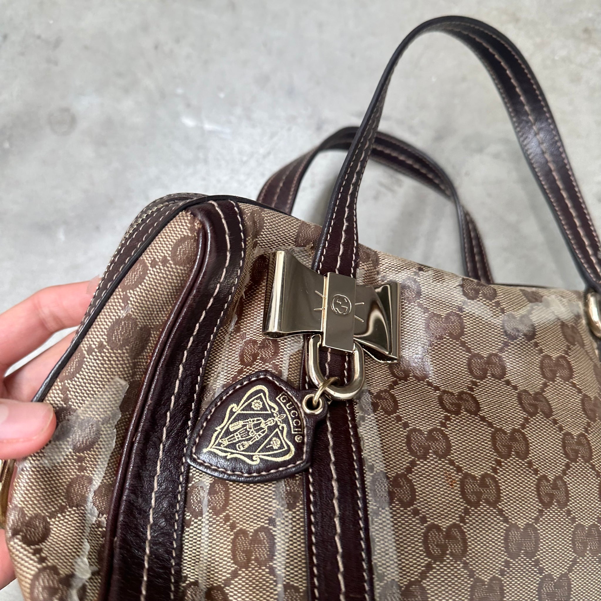 Gucci Brown GG Crystal Duchessa Boston Bag Beige Dark Brown