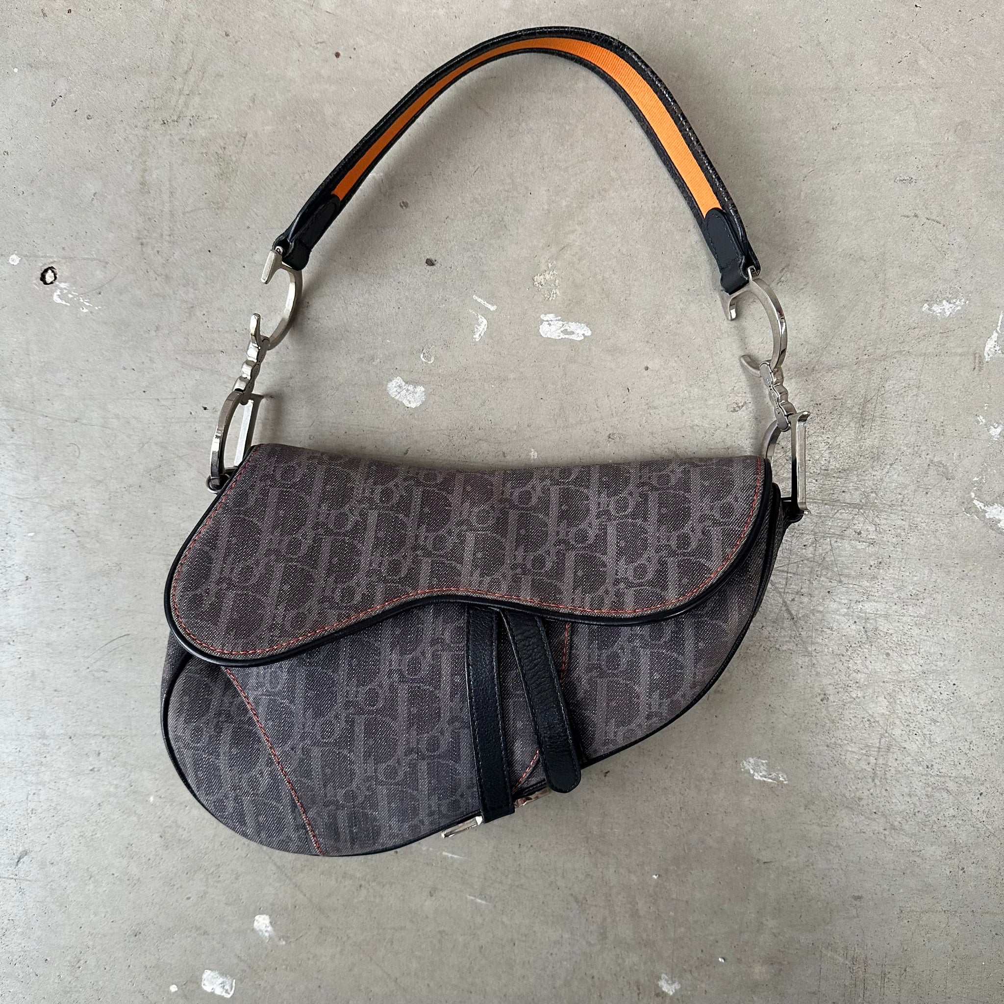 Dior Trotter Saddle Shoulder Bag Black Denim Silver Hardware (2005)