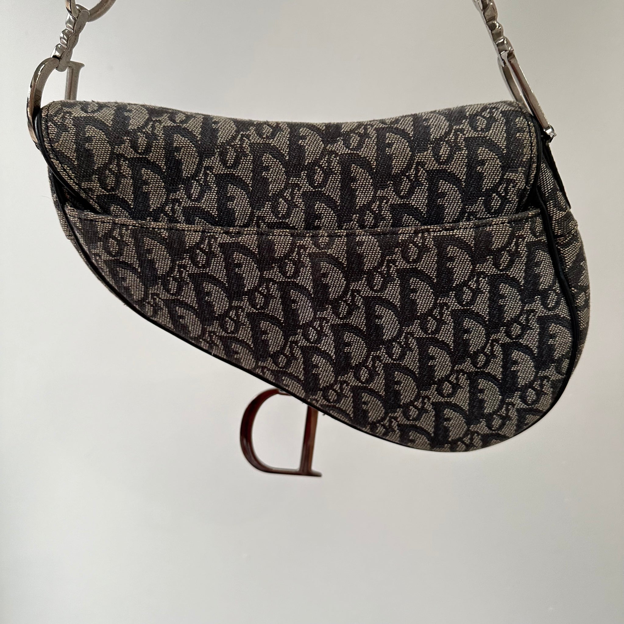 Dior Trotter Saddle Shoulder Bag Canvas Leather Navy Silver Hardware (2003)