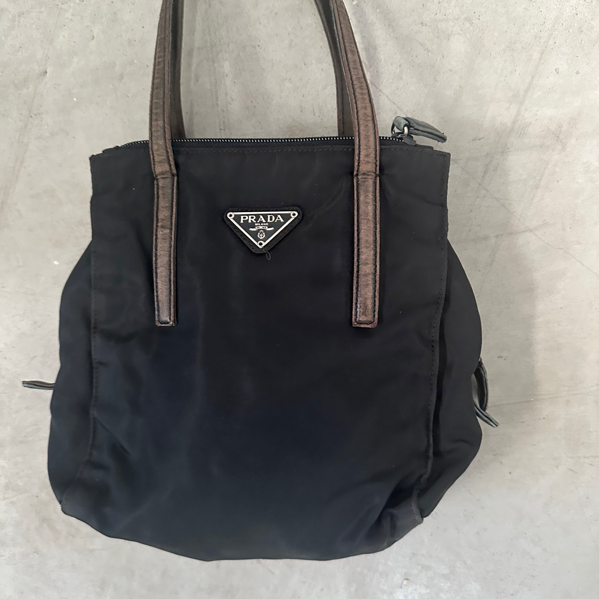 Prada Nylon Black Multi Pocket Leather Handle Hand Bag