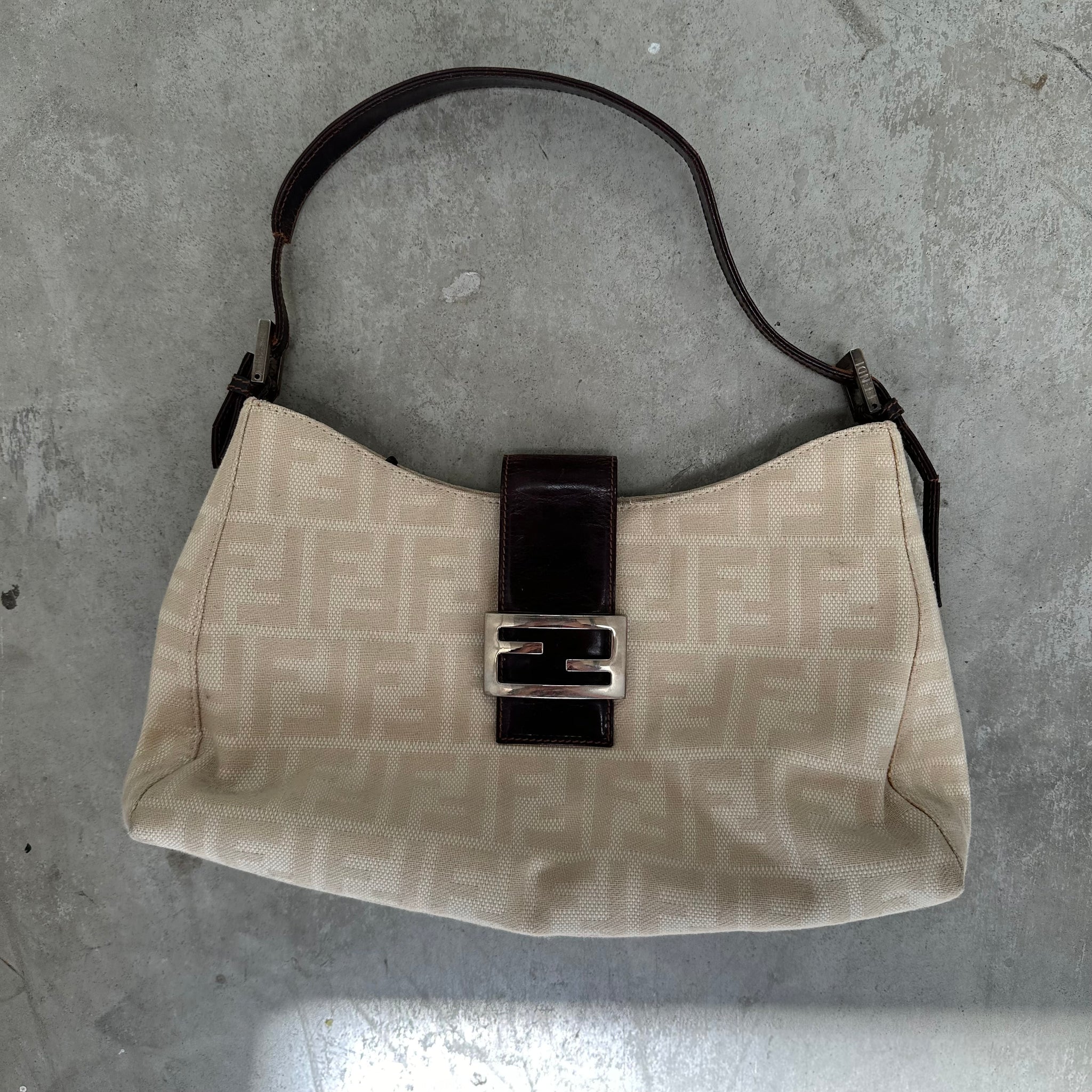 Fendi Zucca Canvas Mamma Baguette Shoulder Bag Cream