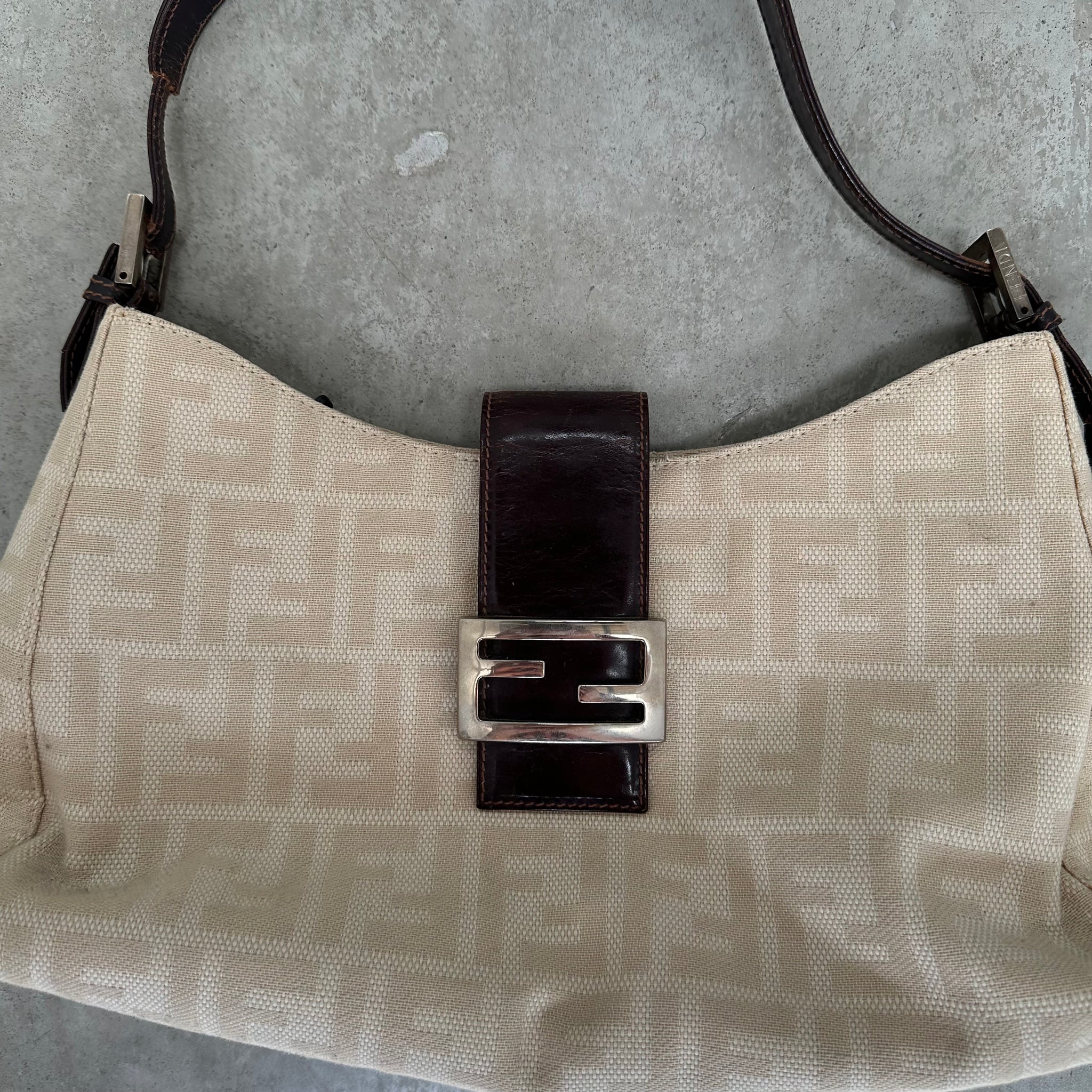 Fendi Zucca Canvas Mamma Baguette Shoulder Bag Cream