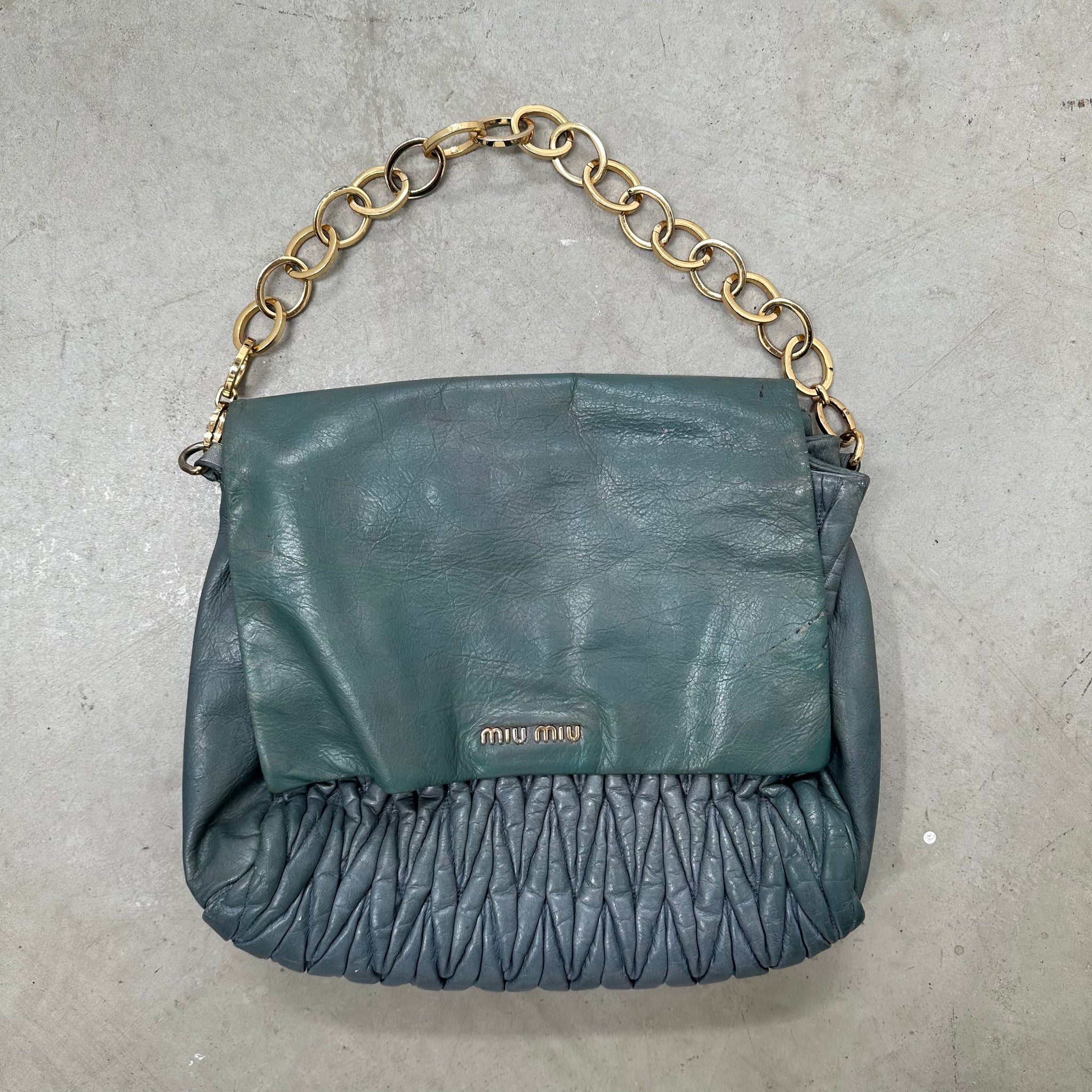 Miu Miu Chain Wrinkle Underarm Bag Blue Leather