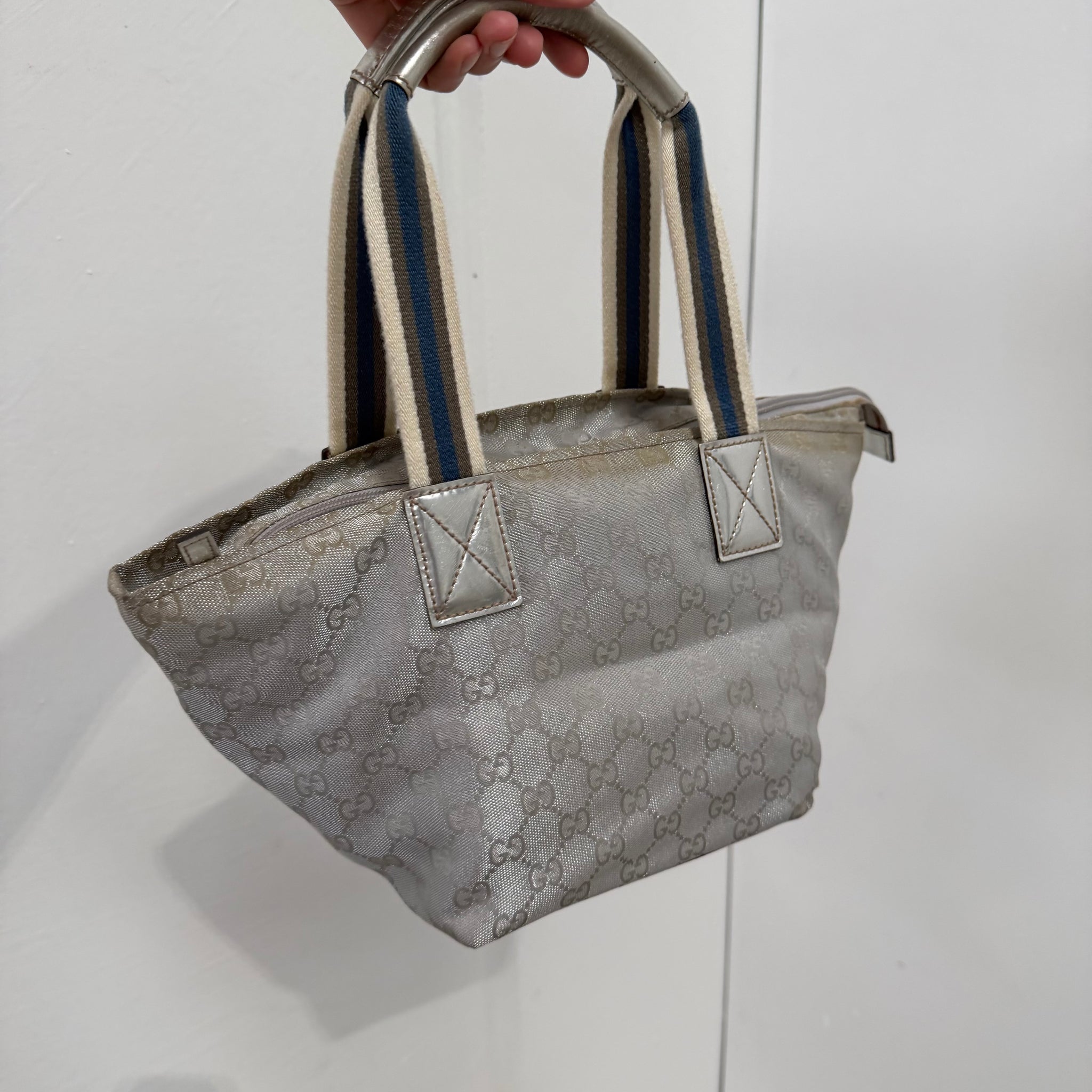 Gucci Bucket Hand Bag Silver Canvas