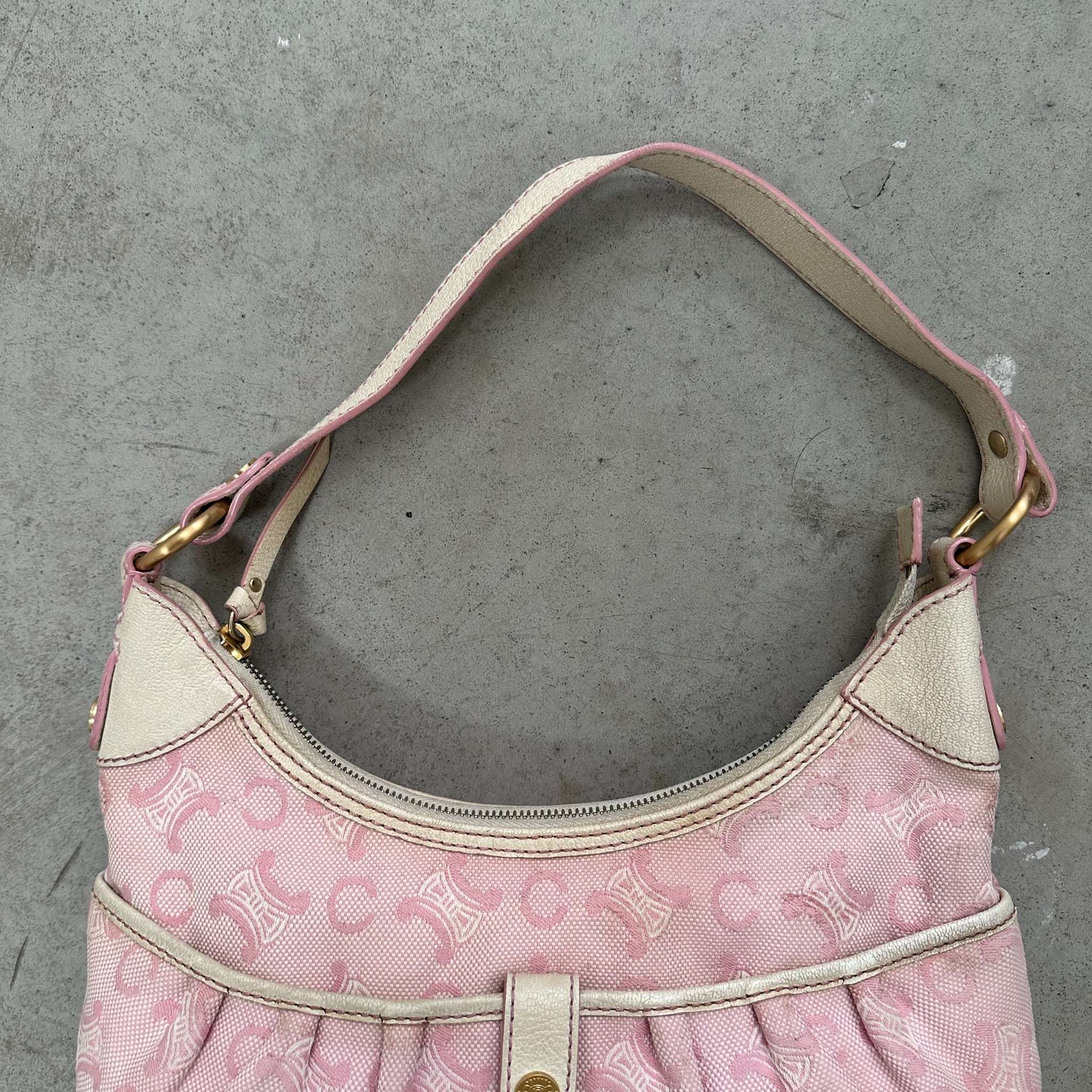 Celine Pink/White Macadam Canvas Hobo Shoulder Bag