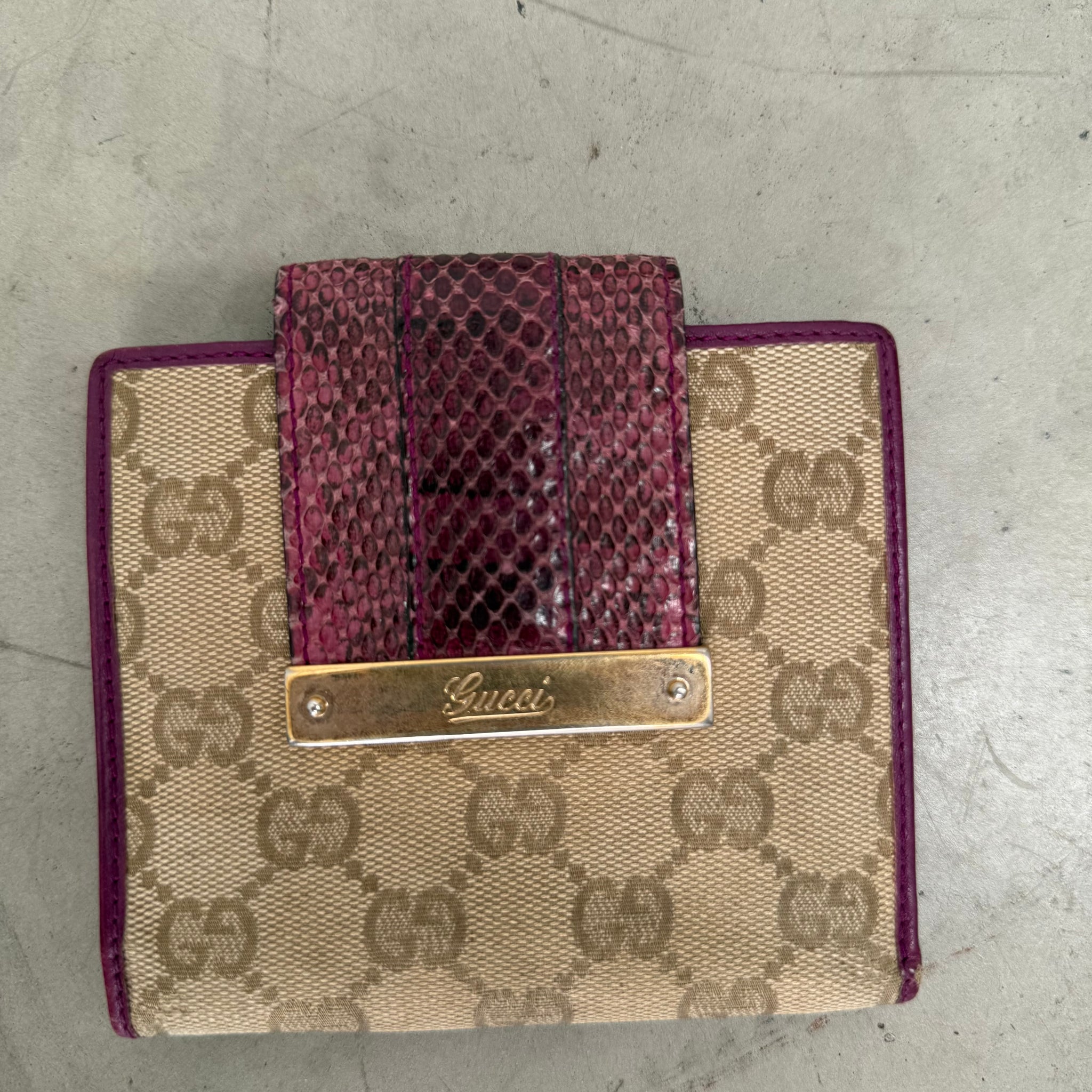 Gucci Snakeskin Canvas Leather Bifold Wallet Purple