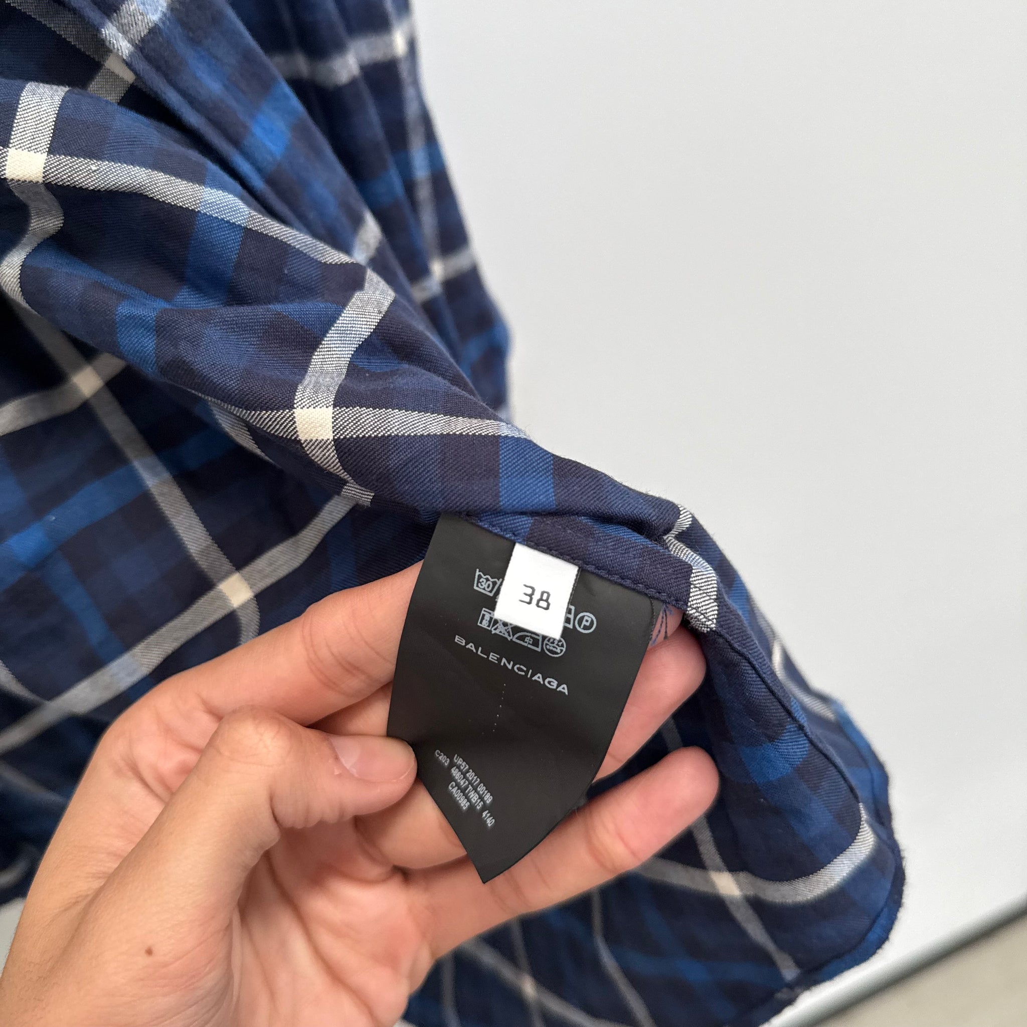 Balenciaga 2017 Plaid Blue Button Up Shirt (Size 38)