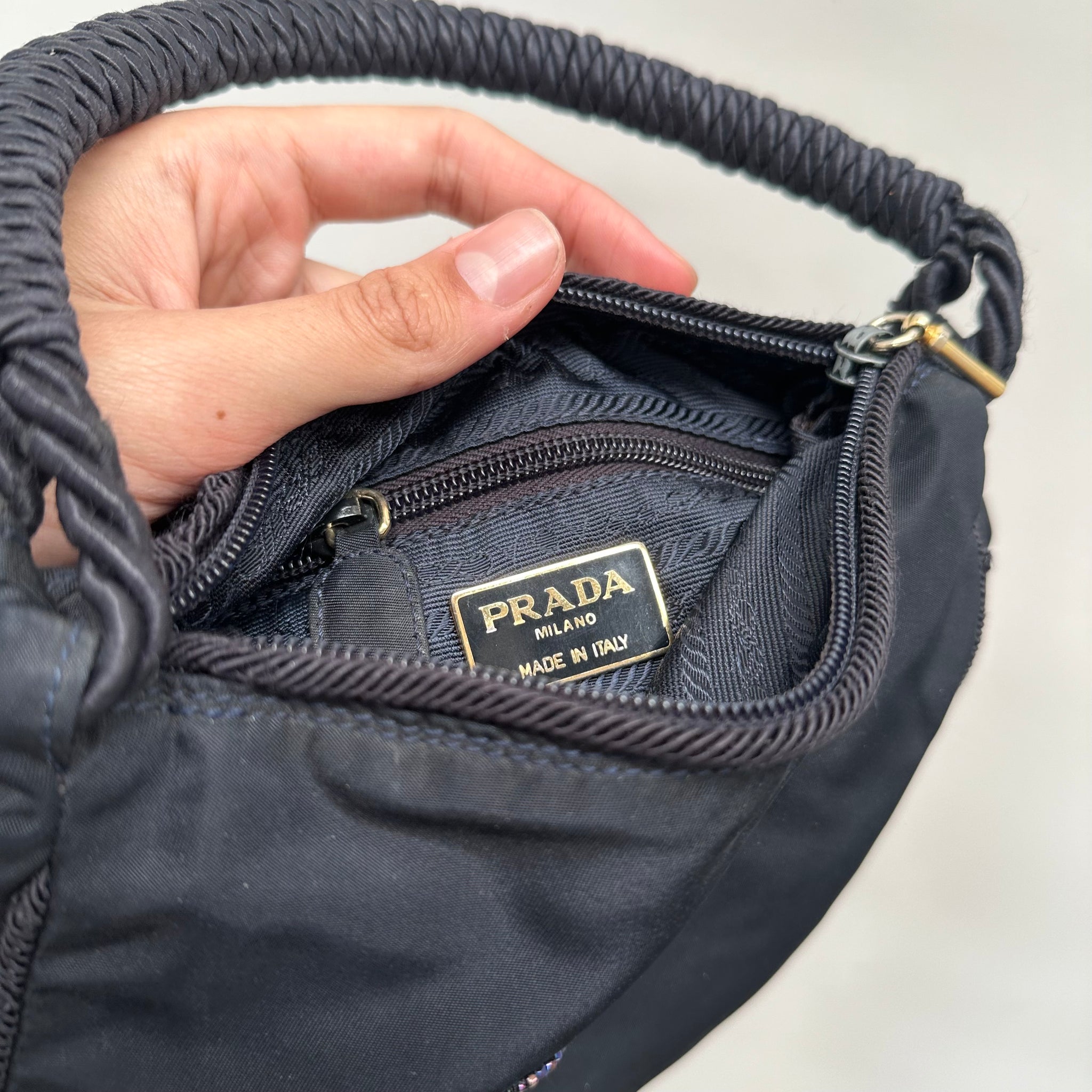 Prada Tessuto Beaded Logo Shoulder Bag Black