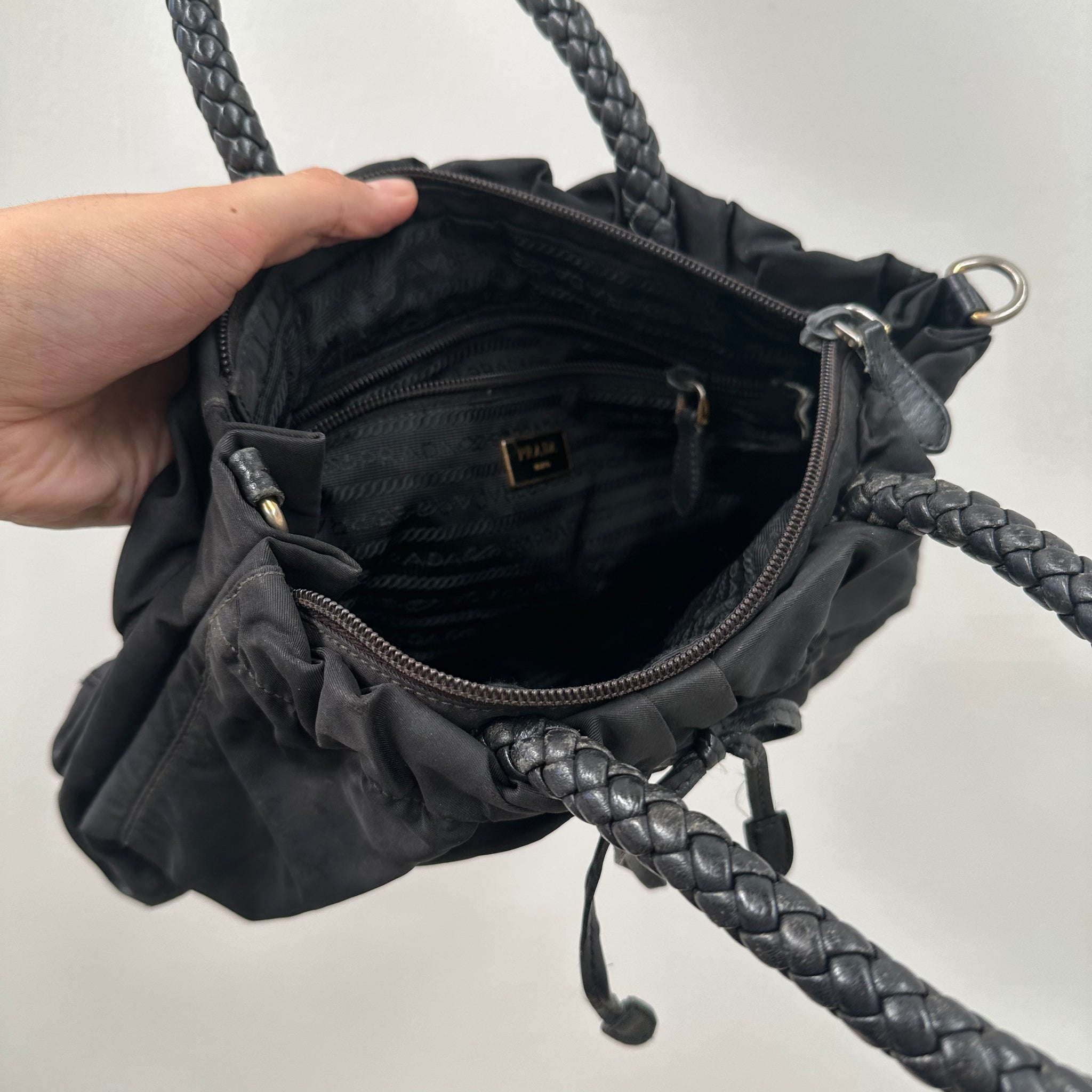 Prada Ribbon Front Logo Hand Bag Nylon Black