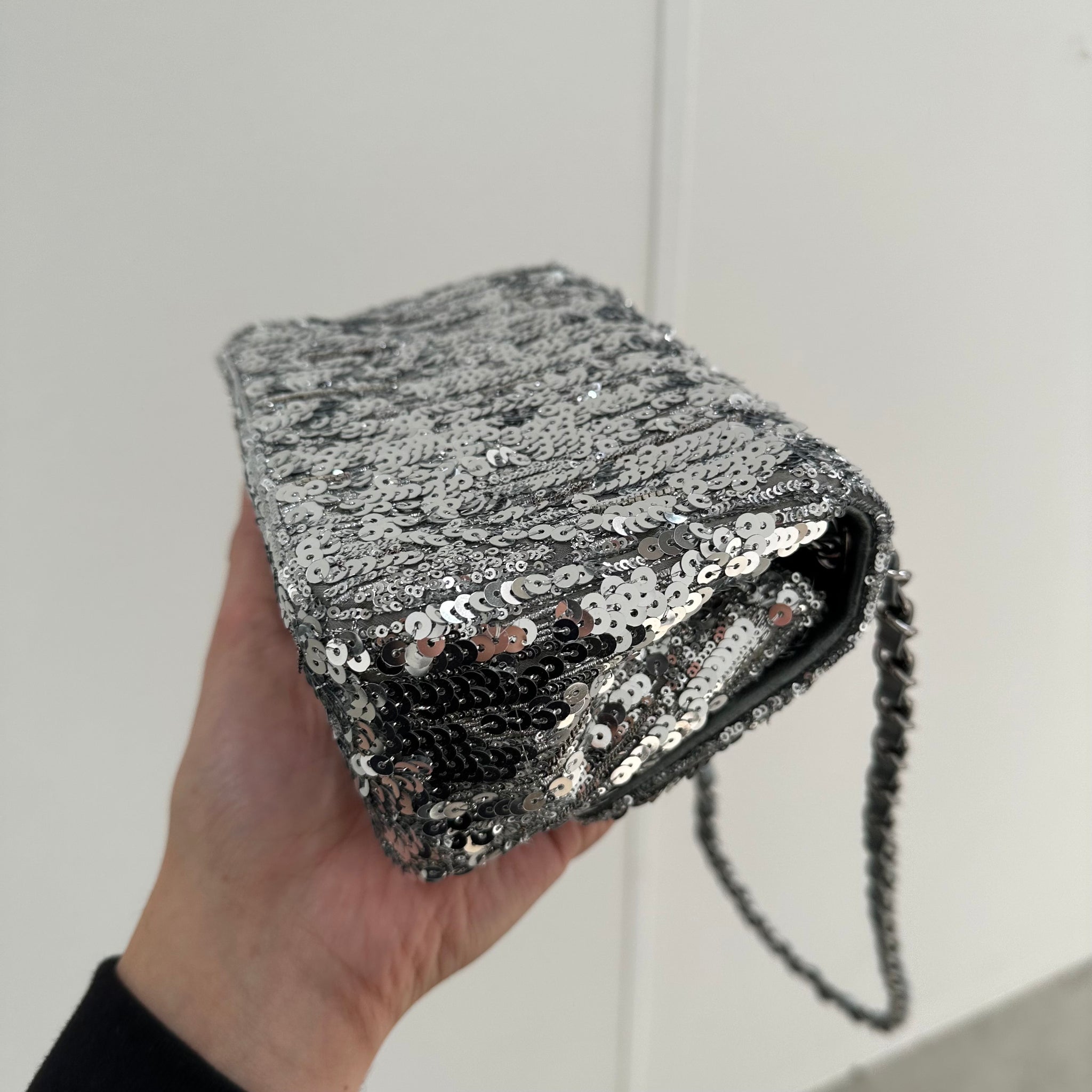 Chanel Silver Sequin Mini Square Classic Single Flap Ruthenium Hardware 2020
