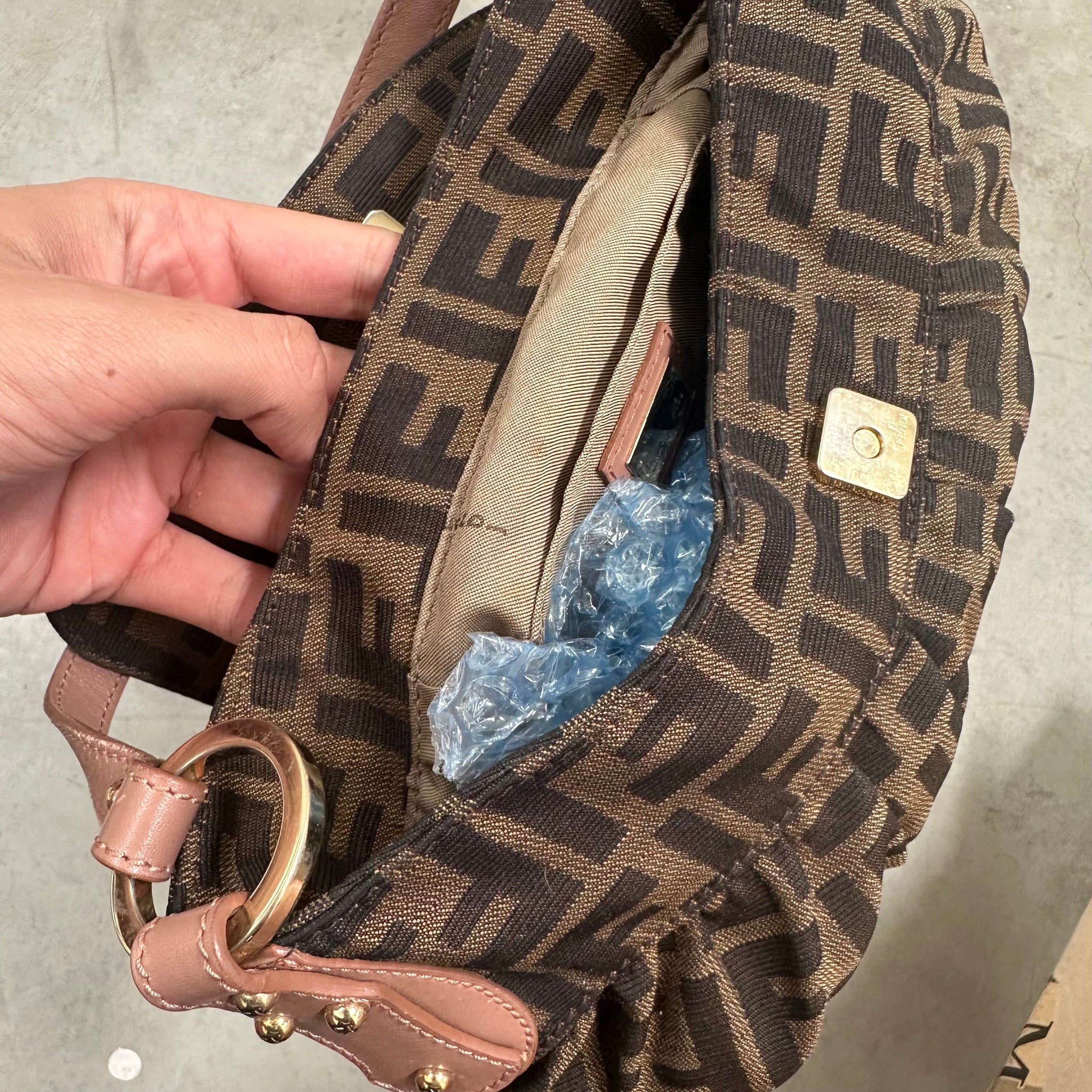 Fendi Zucca Print Canvas Leather Shoulder Bag Brown Pink