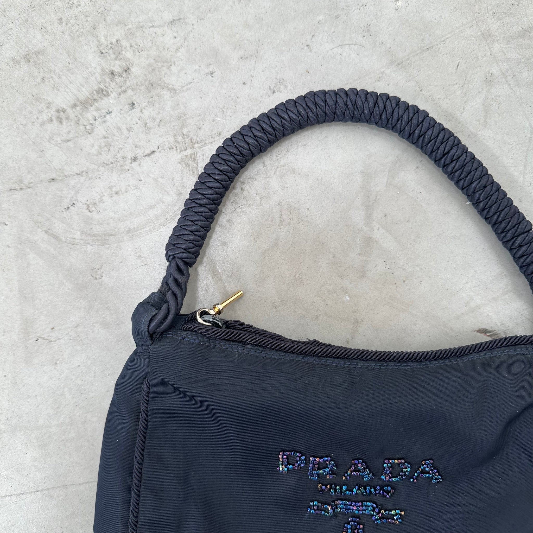 Prada Tessuto Beaded Logo Shoulder Bag Black