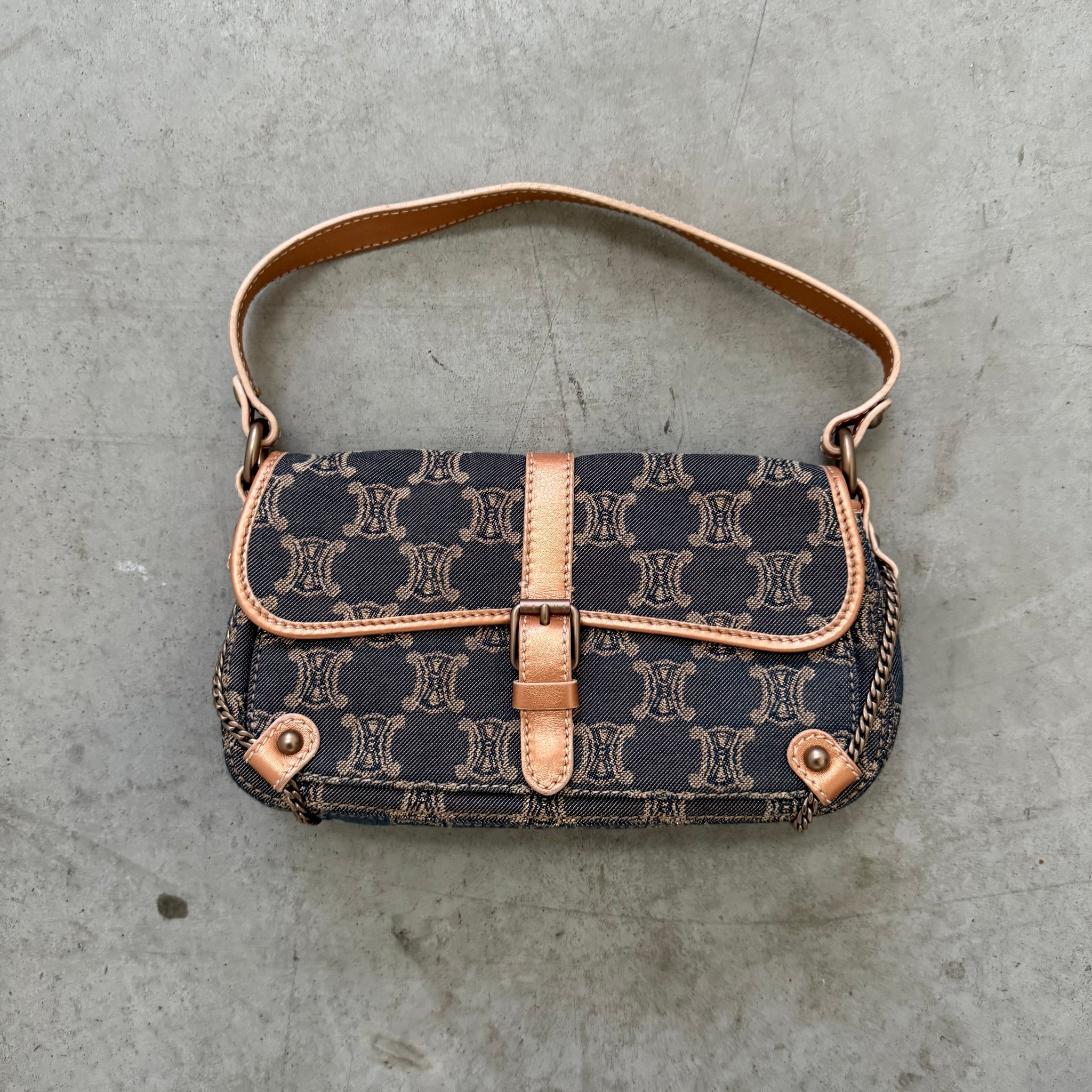 Celine Macadam Canvas Shoulder Bag Denim with Gold Chain Detail