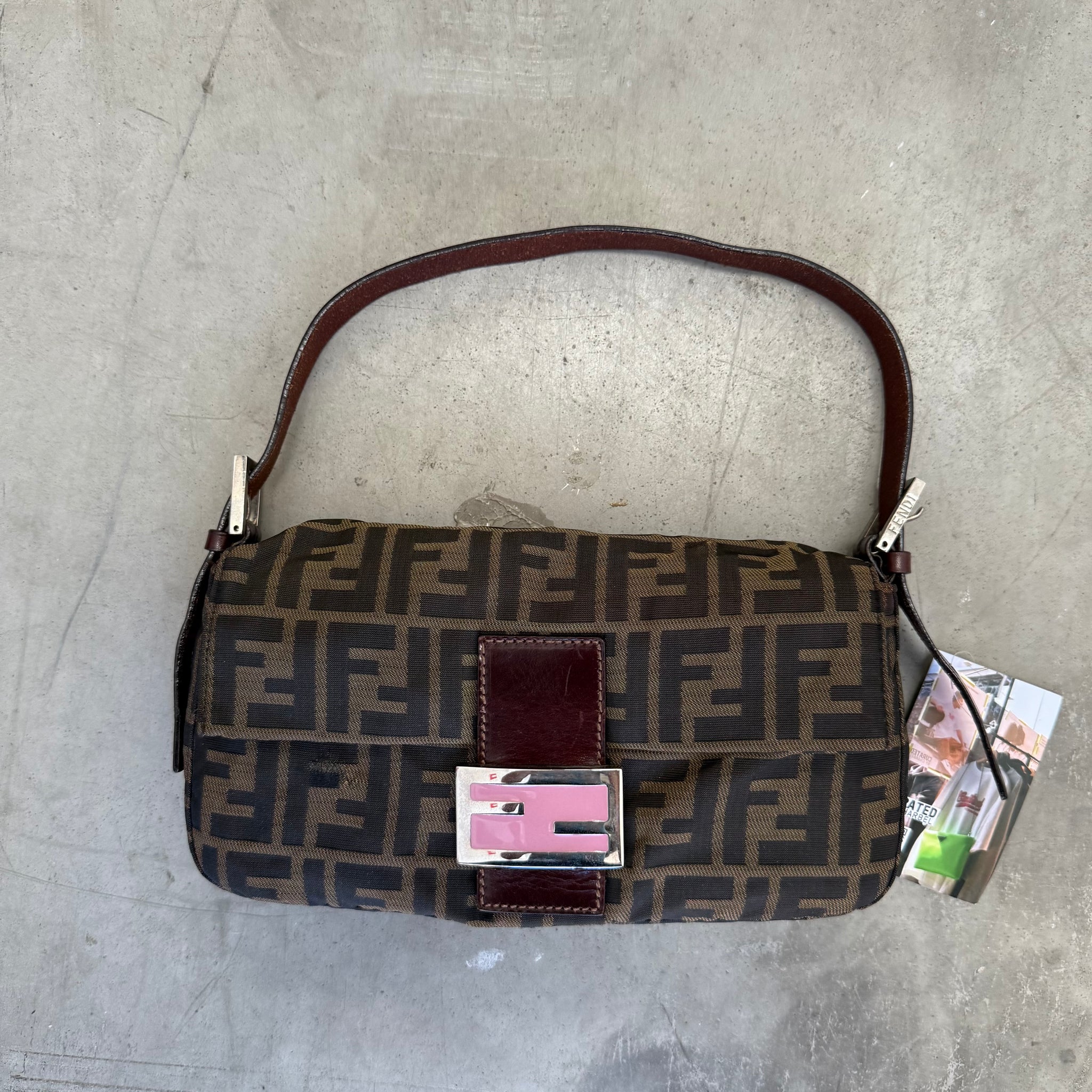 Fendi Zucca Print Baguette Bag with Pink Buckle