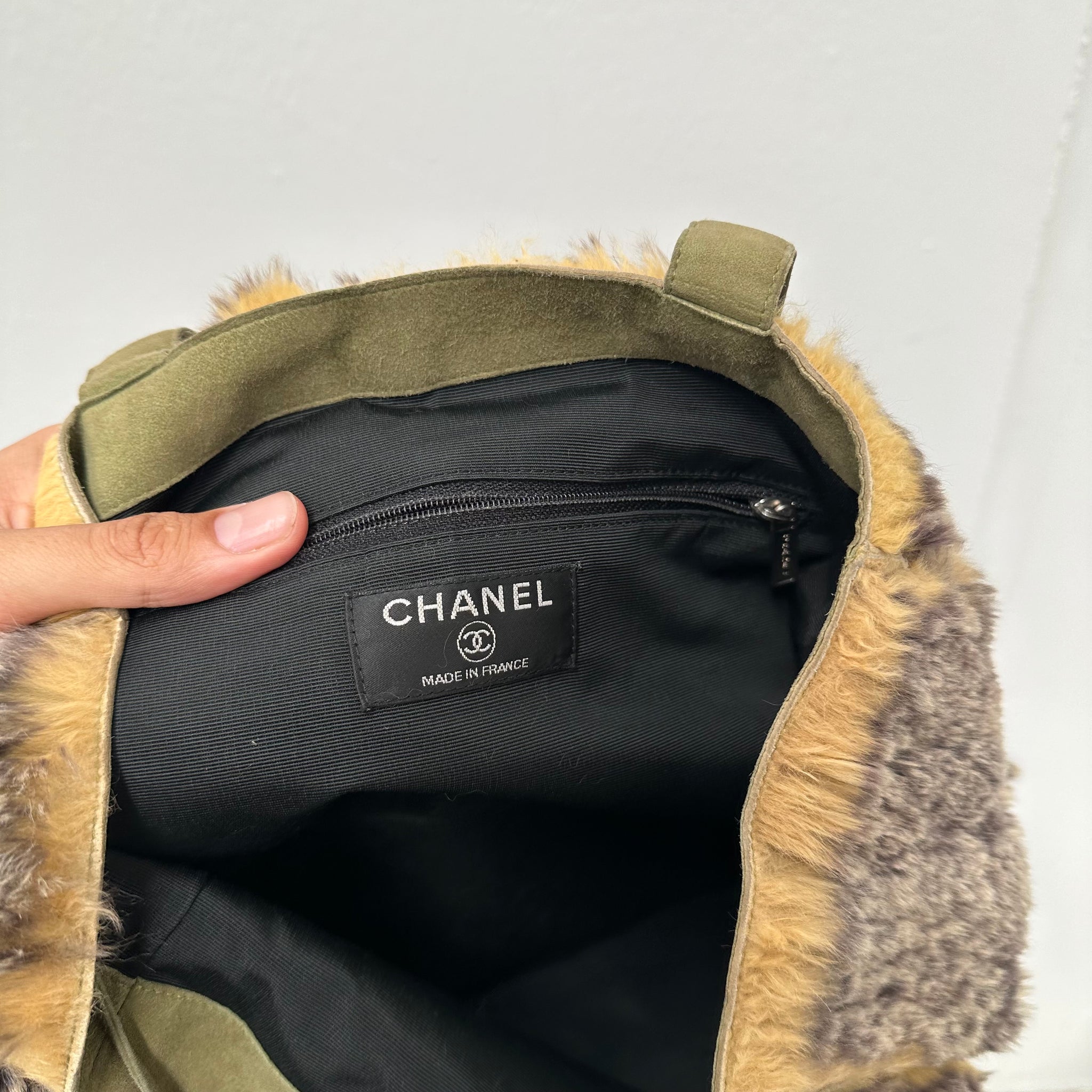 Chanel CC Logo Khaki Fur Tote Bag