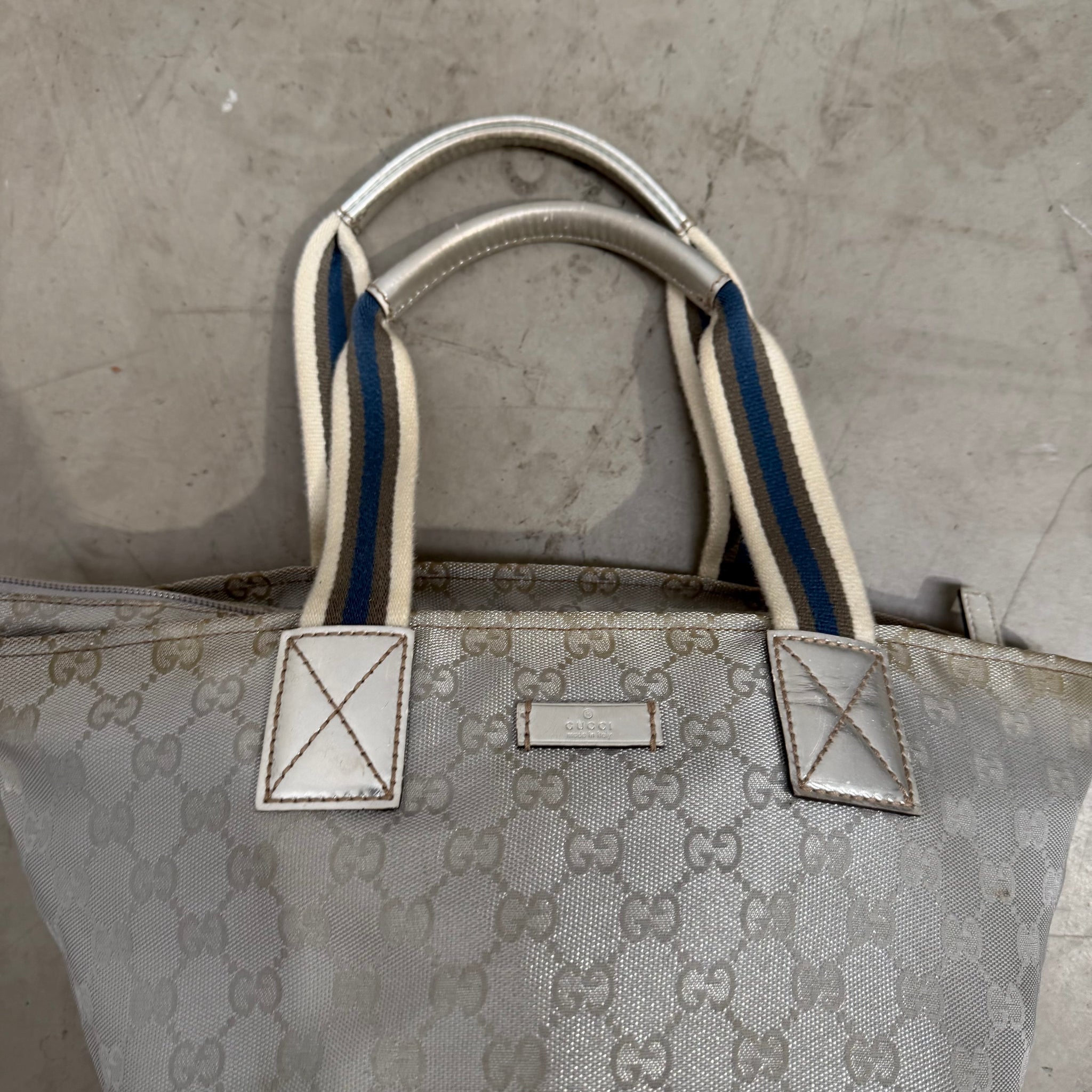Gucci Bucket Hand Bag Silver Canvas