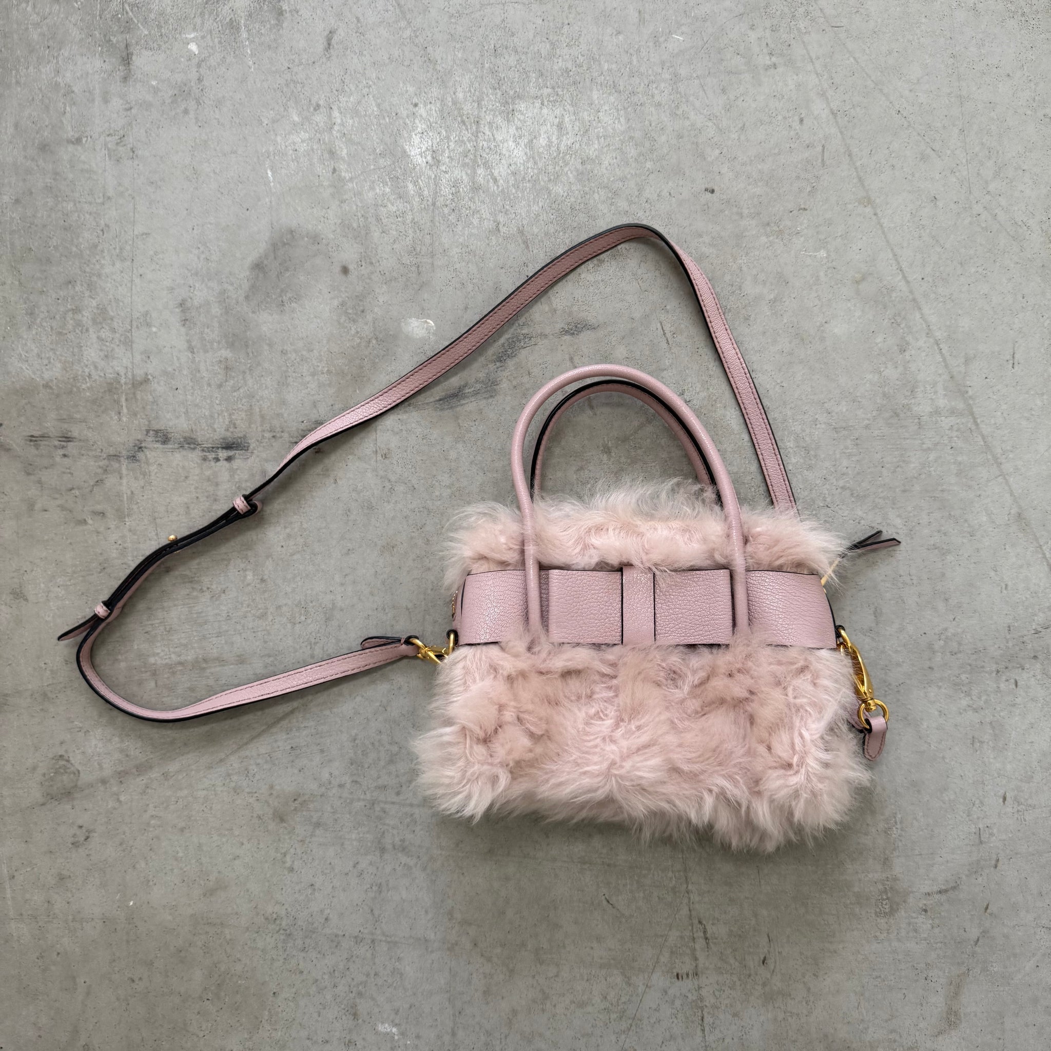 Miu Miu 2 Way Pink Fur Hand Bag with Long Strap