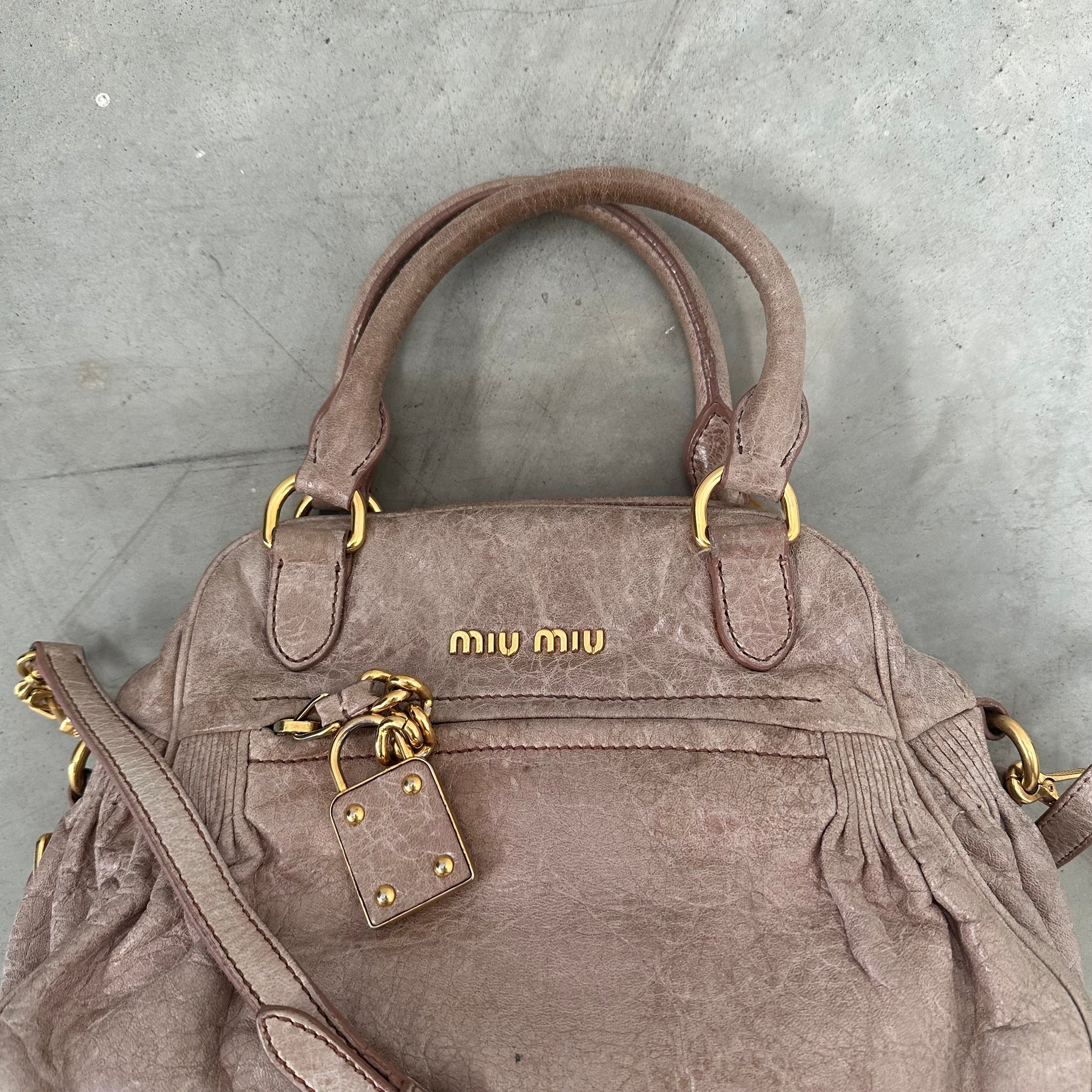 Miu Miu Beige Vitello Lux Leather Charm Crossbody / Hand Bag