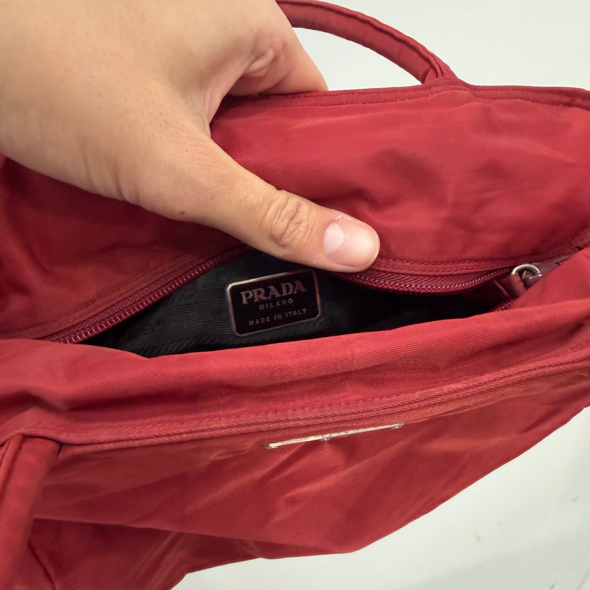 Prada Short Handle Nylon Cherry Red Tote Bag