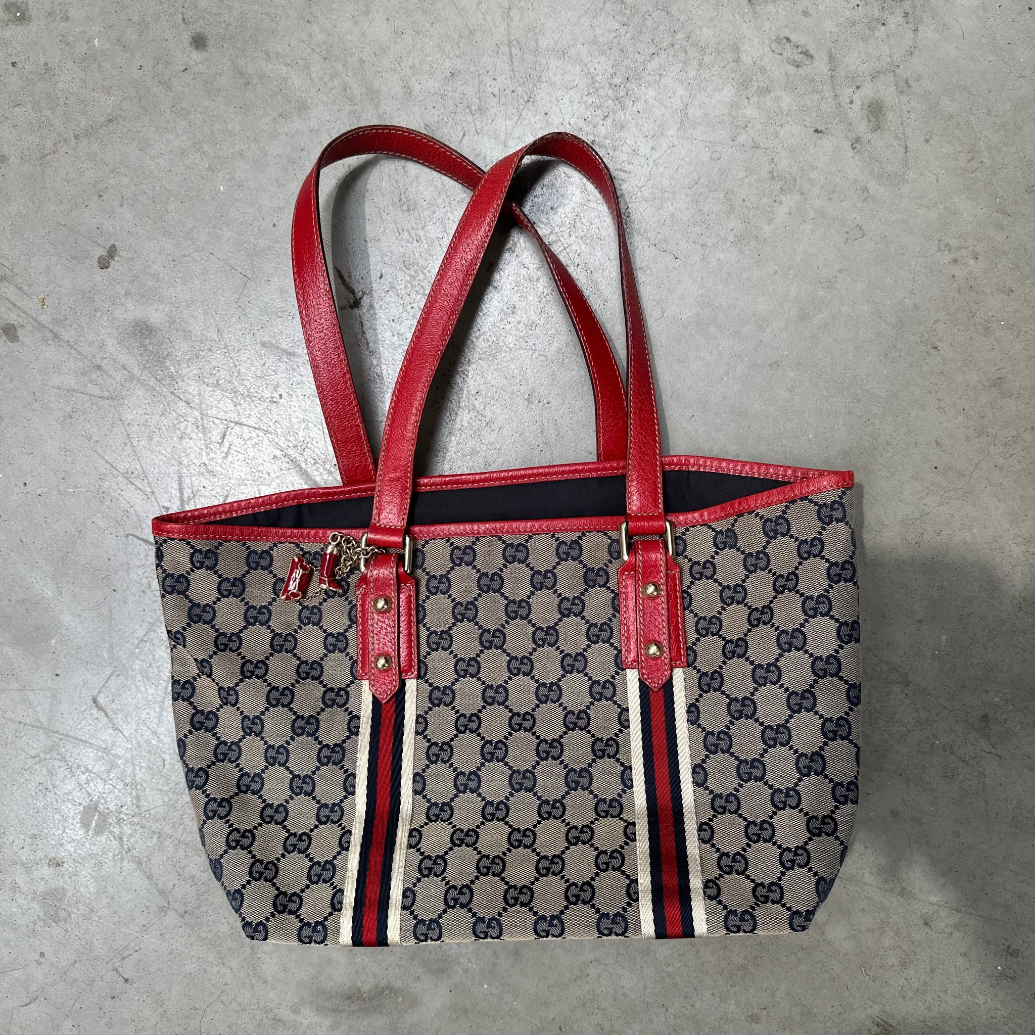 Gucci GG Jolicoeur Charm Tote Hand Bag Beige/Red