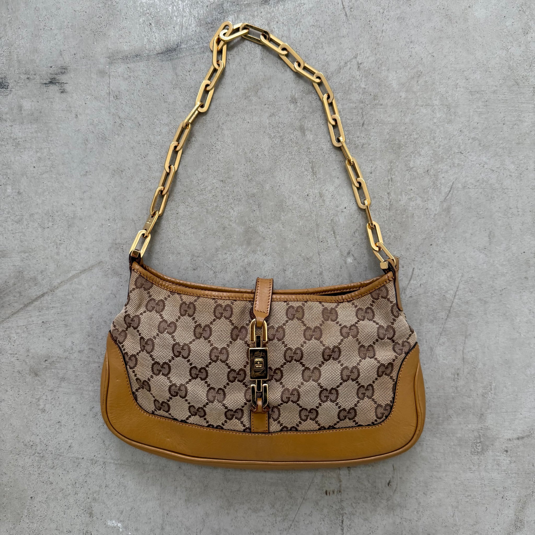 Gucci Jackie GG Print Shoulder Bag with Gold Chain Strap