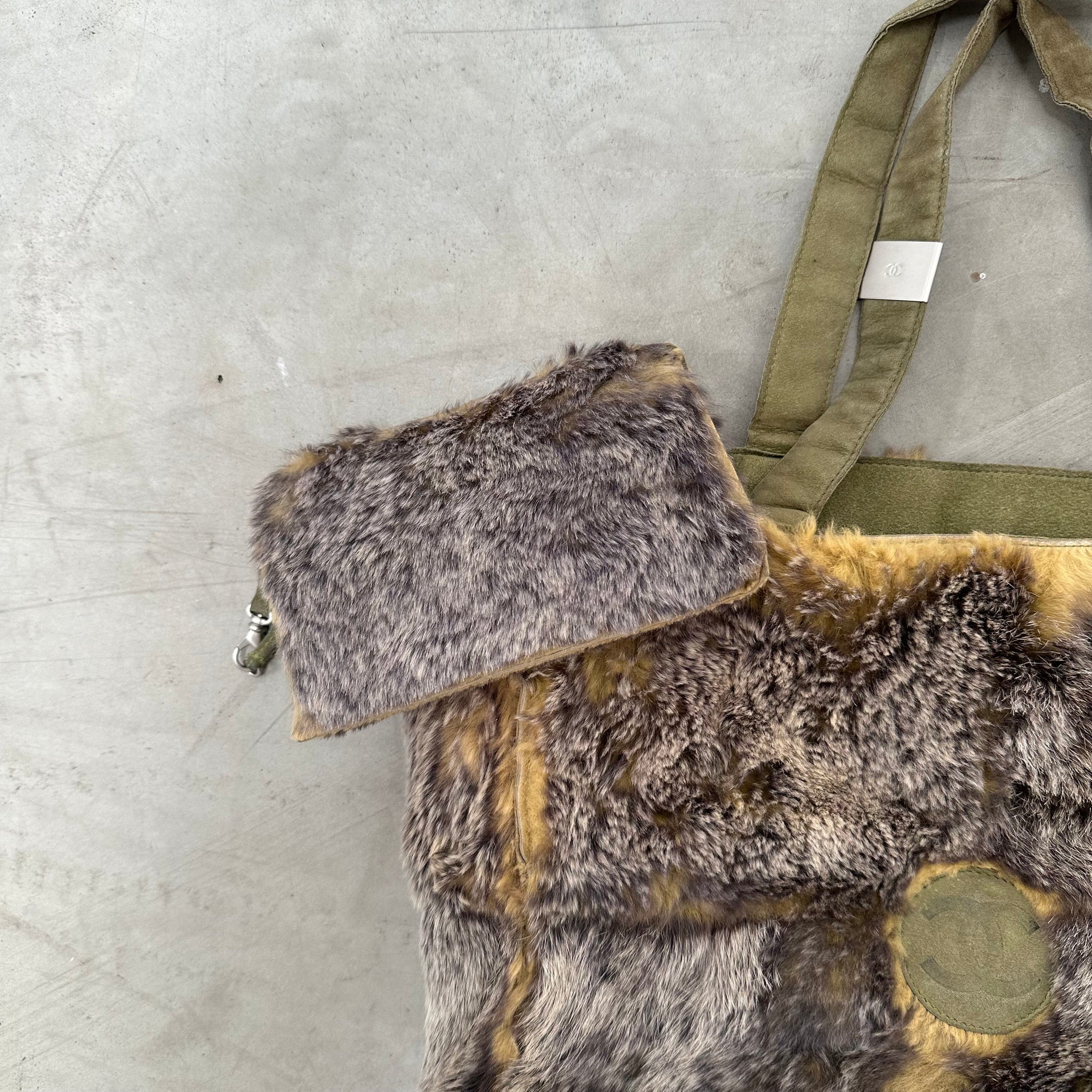 Chanel CC Logo Khaki Fur Tote Bag
