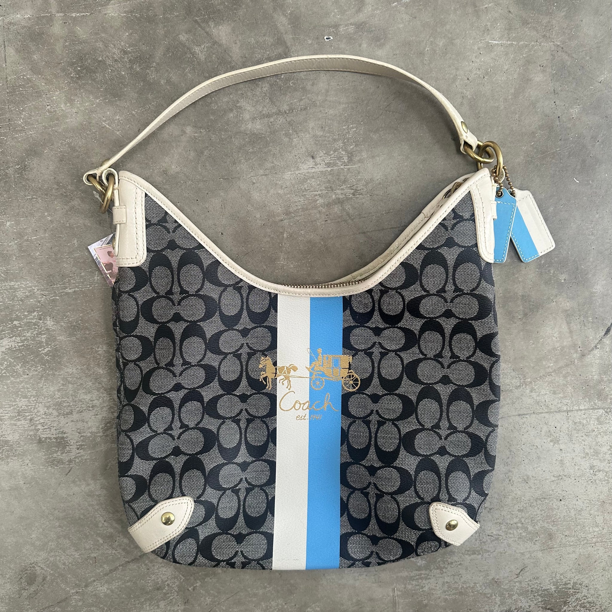 Coach Hobo Stripe Shoulder Bag Grey/White/Blue