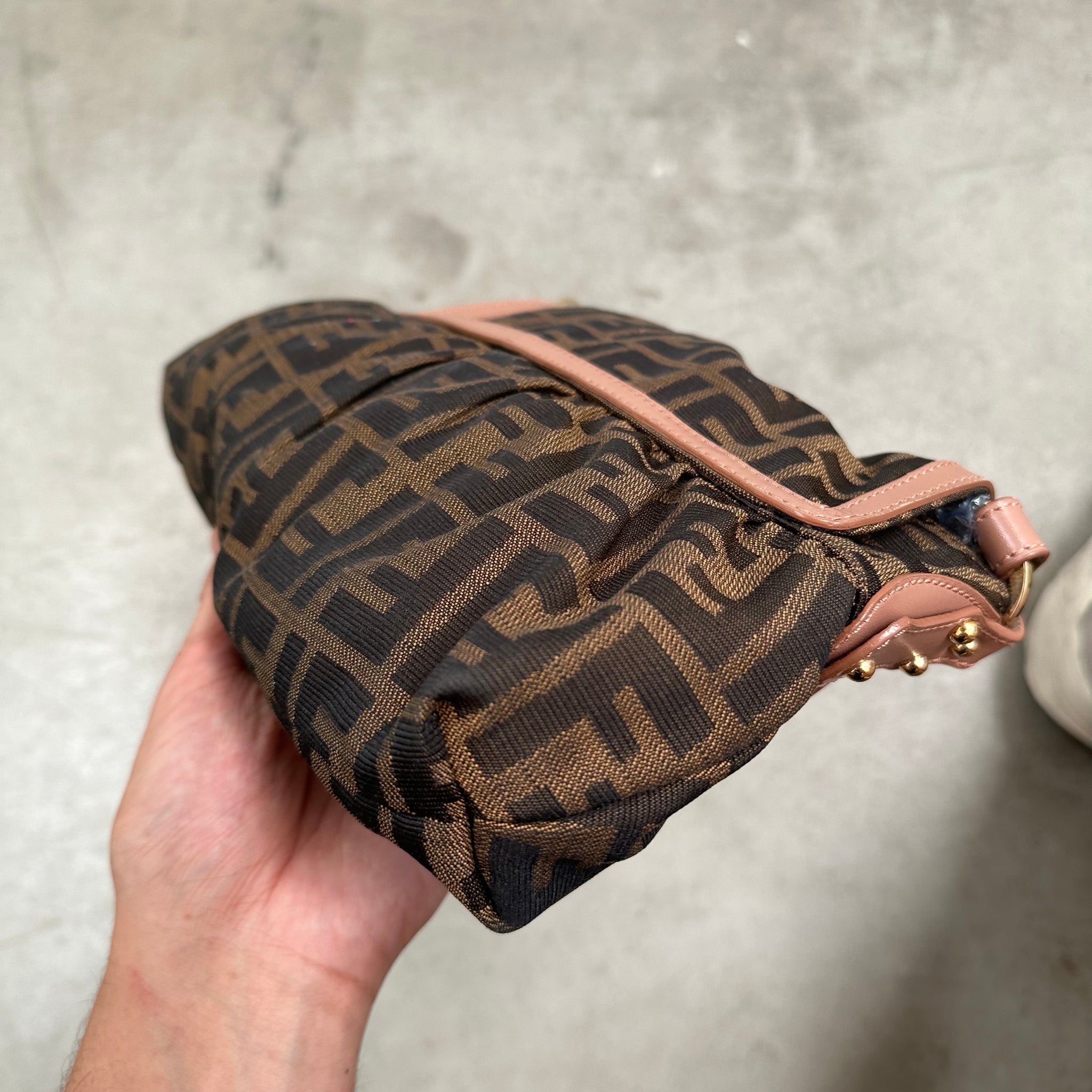 Fendi Zucca Print Canvas Leather Shoulder Bag Brown Pink