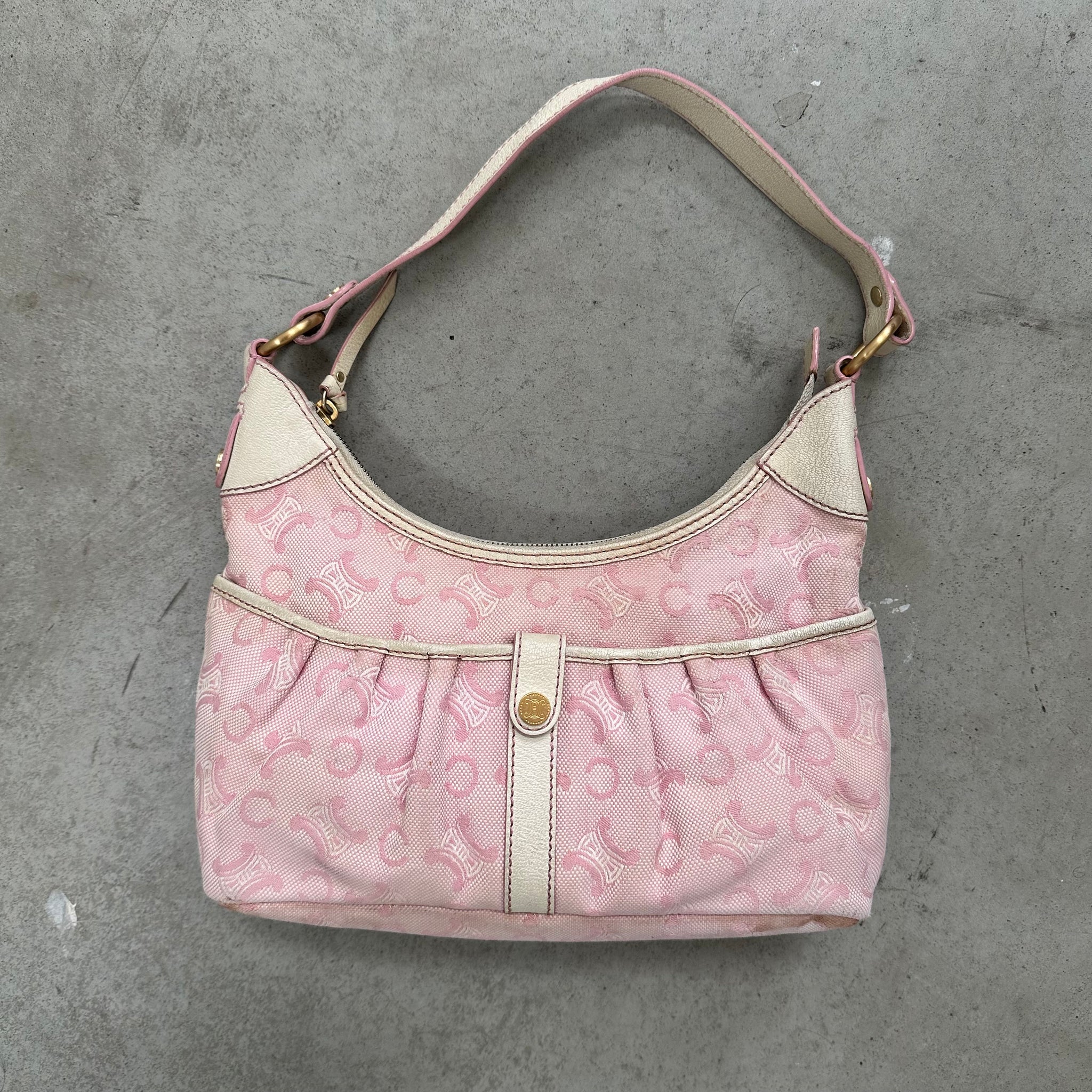 Celine Pink/White Macadam Canvas Hobo Shoulder Bag