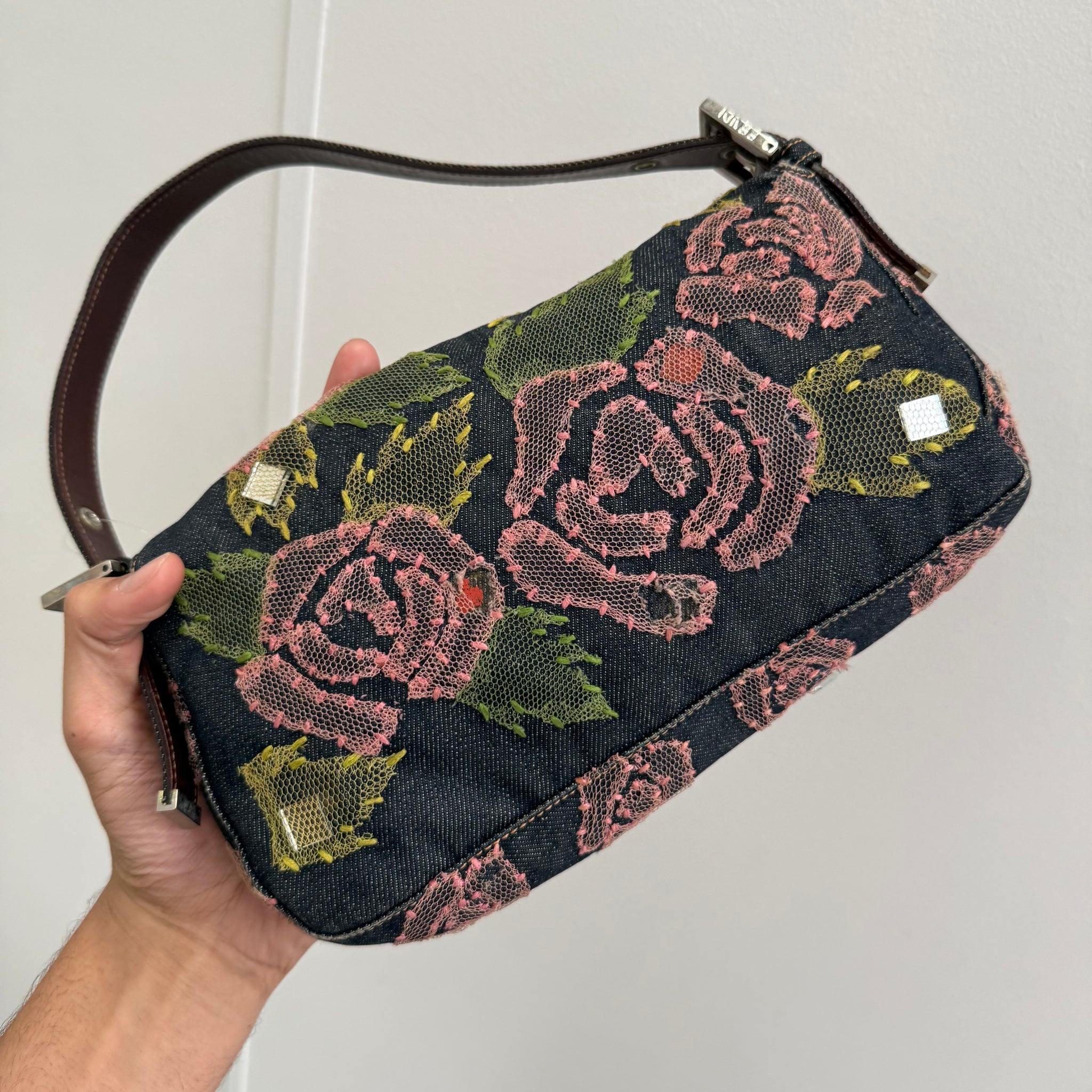 Fendi Baguette Denim with Flower Detail Silver Hardware