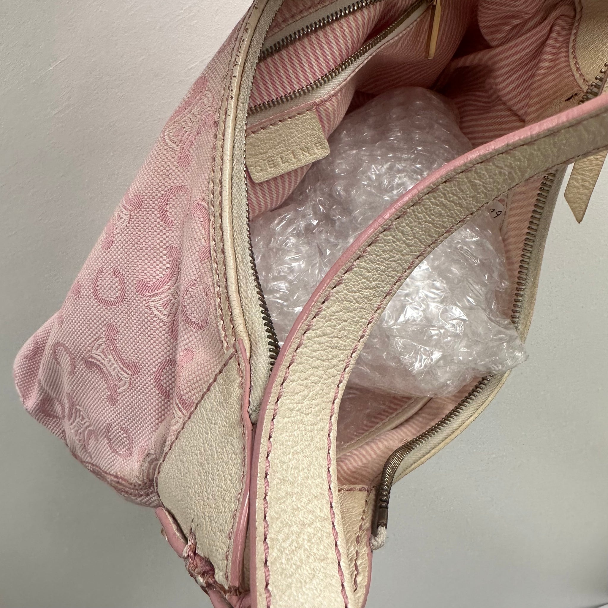 Celine Pink/White Macadam Canvas Hobo Shoulder Bag