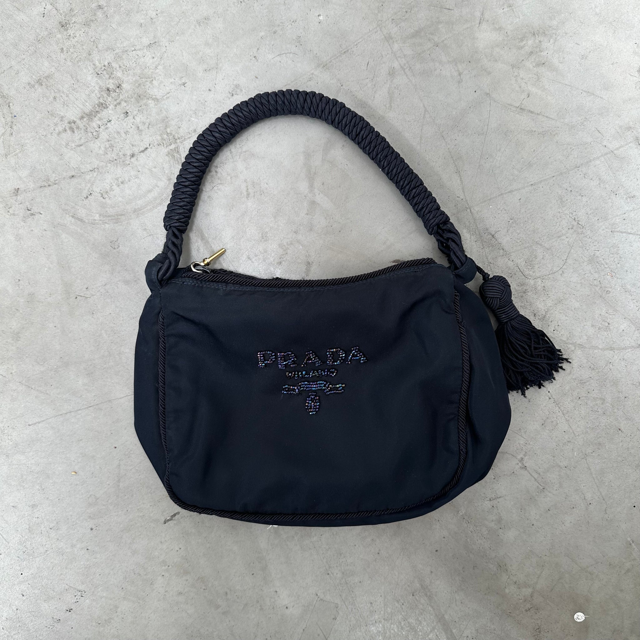 Prada Tessuto Beaded Logo Shoulder Bag Black