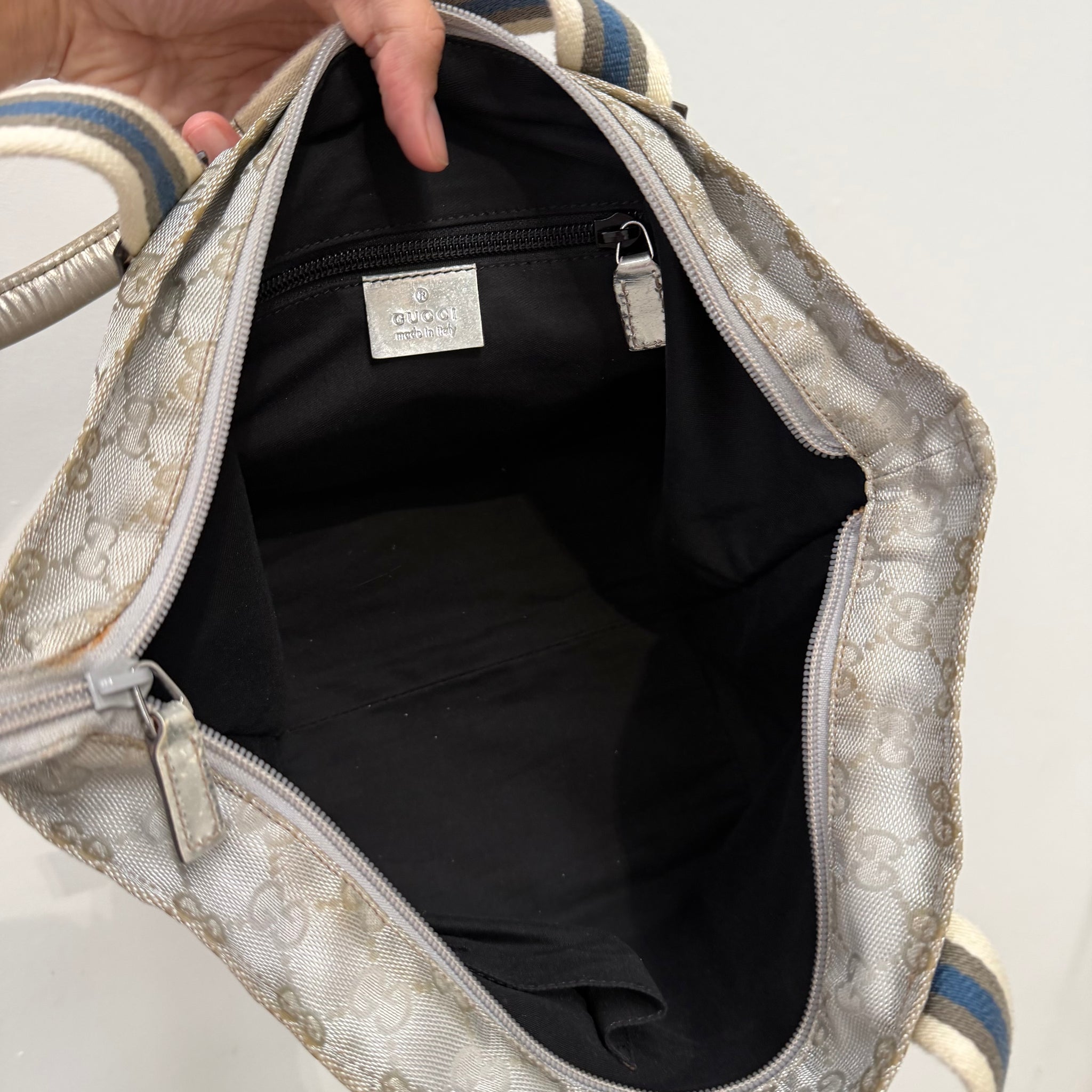 Gucci Bucket Hand Bag Silver Canvas