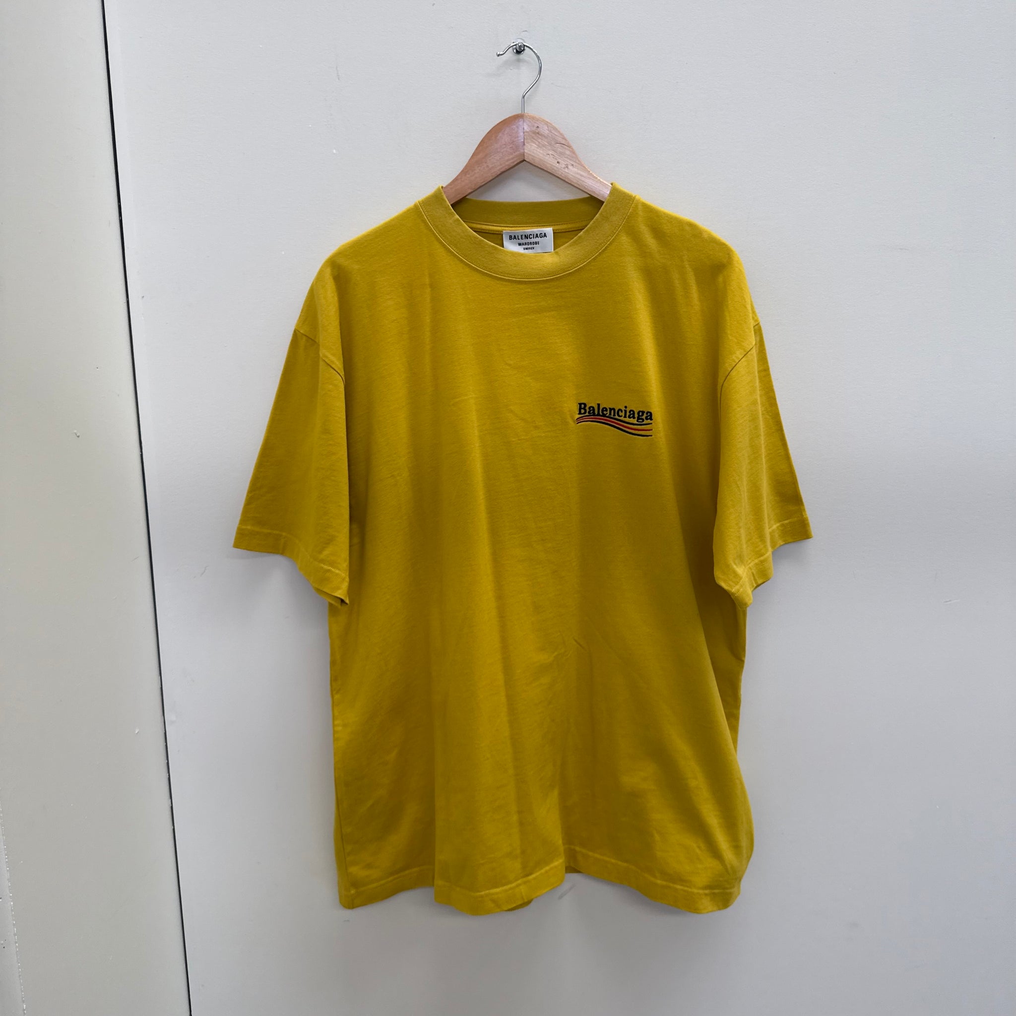 Balenciaga Embroided Campaign Yellow Logo T Shirt (fits L-XL)