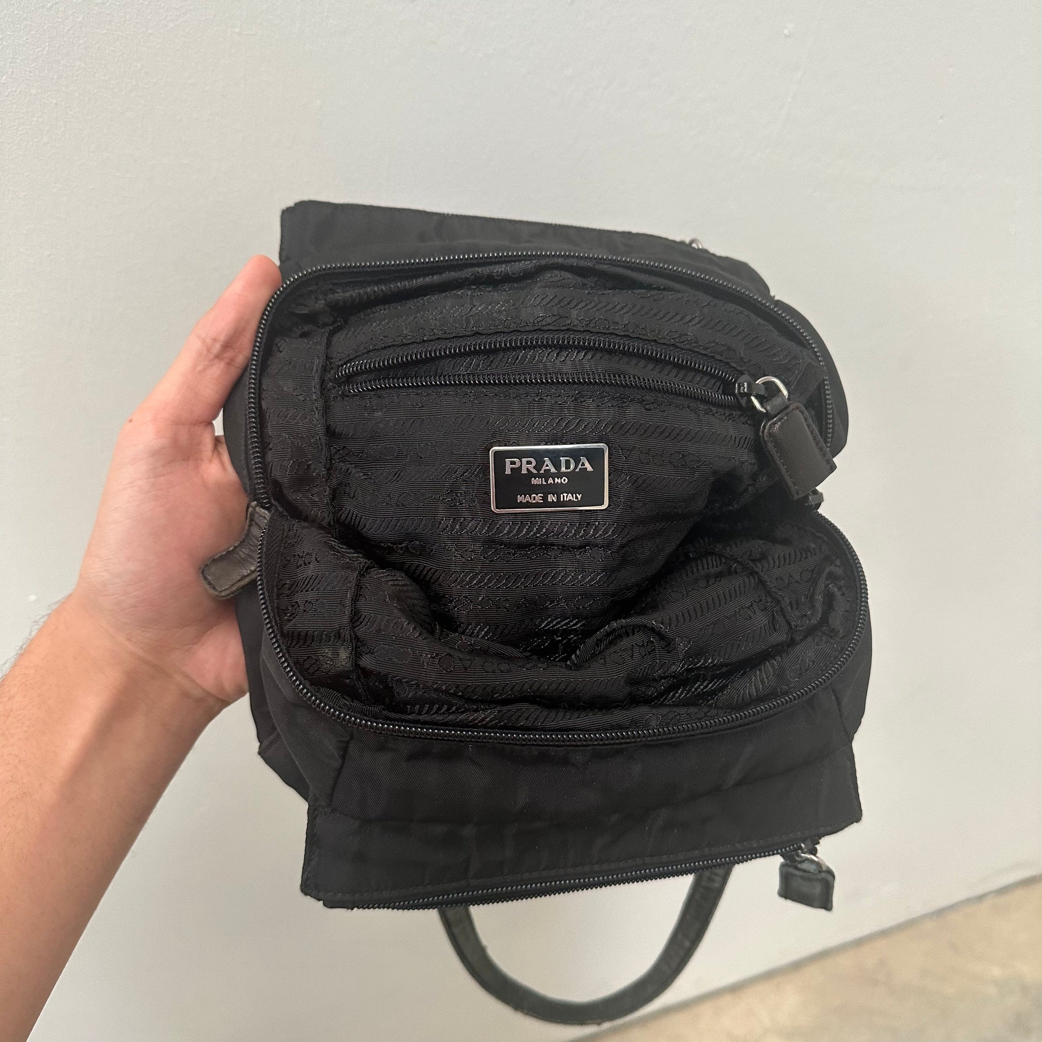 Prada Nylon Black Multi Pocket Leather Handle Hand Bag