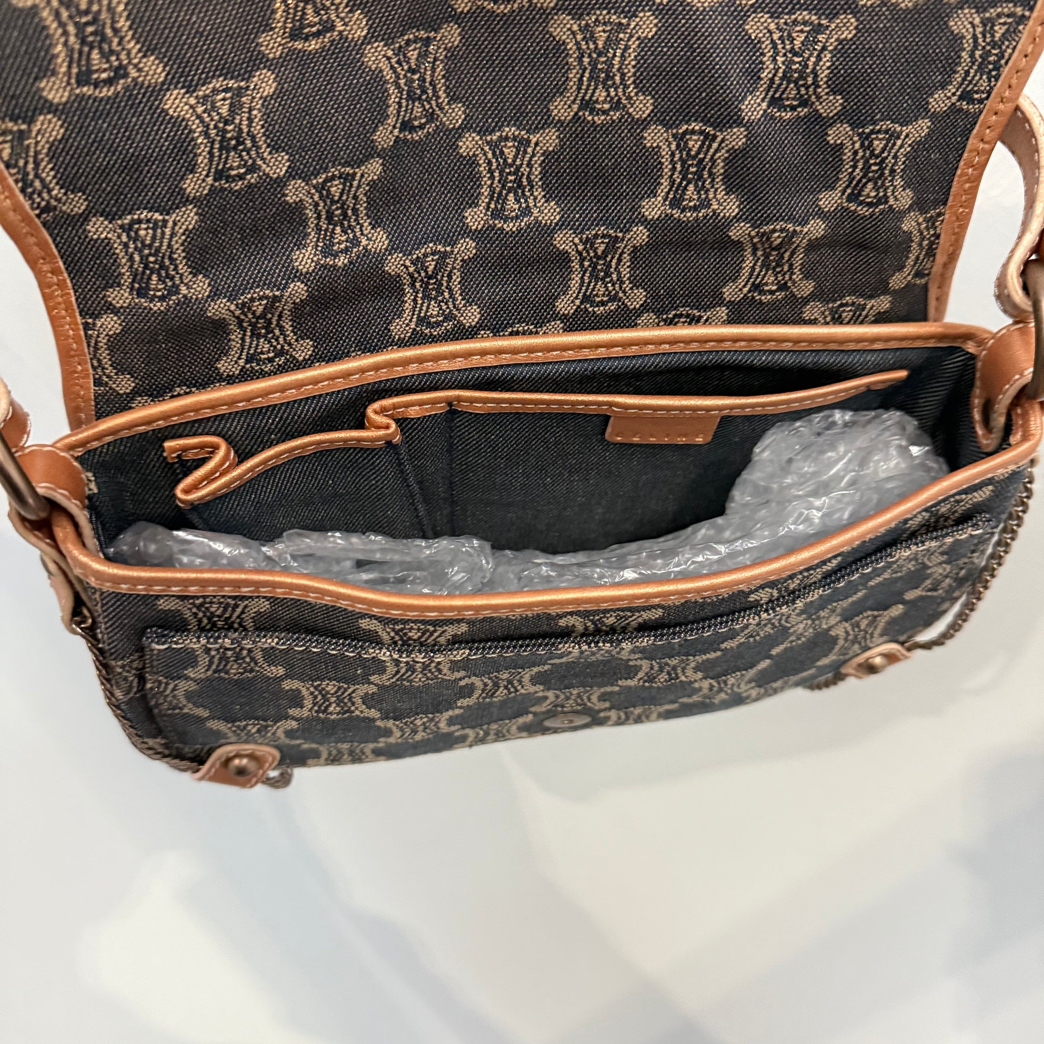 Celine Macadam Canvas Shoulder Bag Denim with Gold Chain Detail