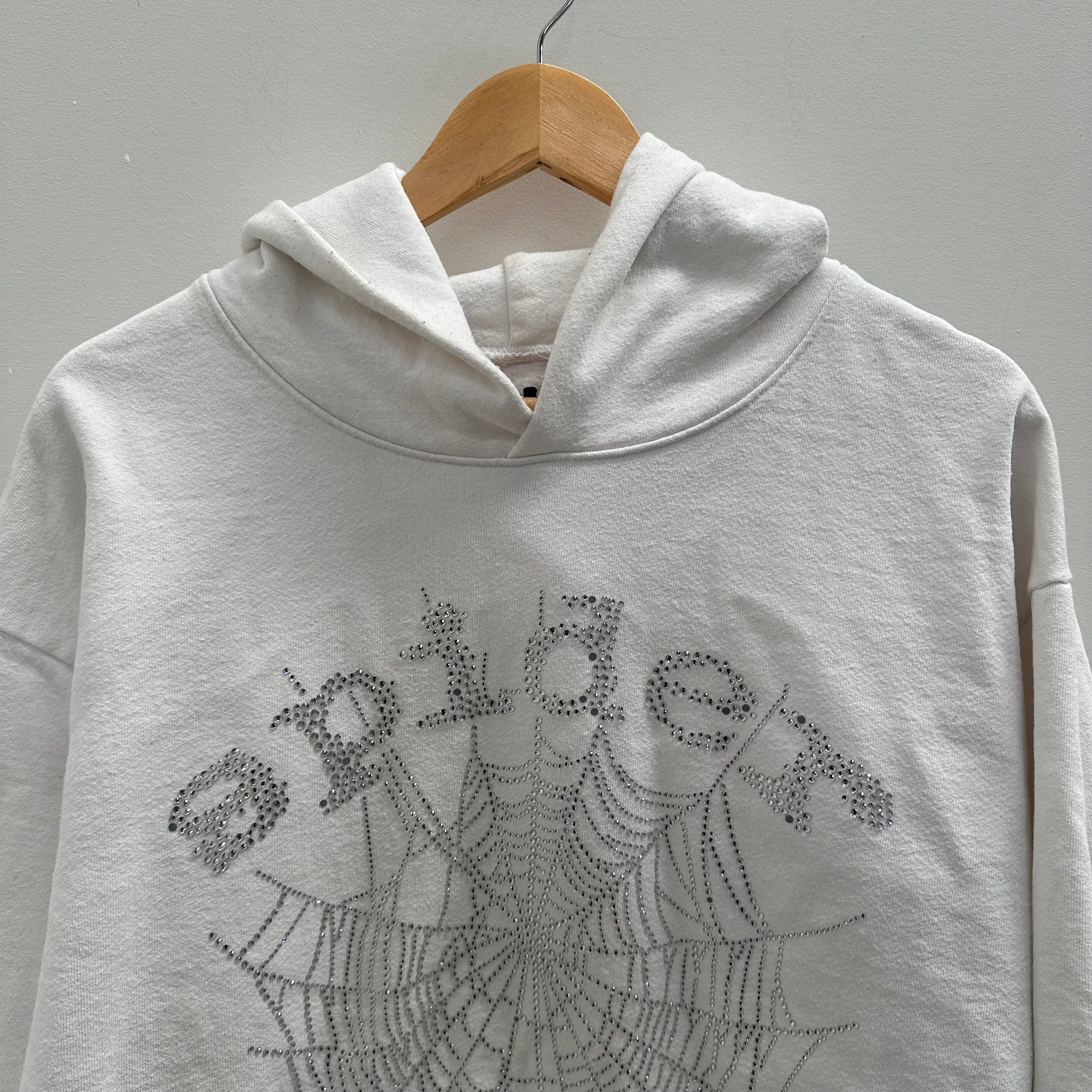 Sp5der Rinestone Sp5der OG Rhinestone Logo Hoodie White (fits M-L) – Curated by Charbel