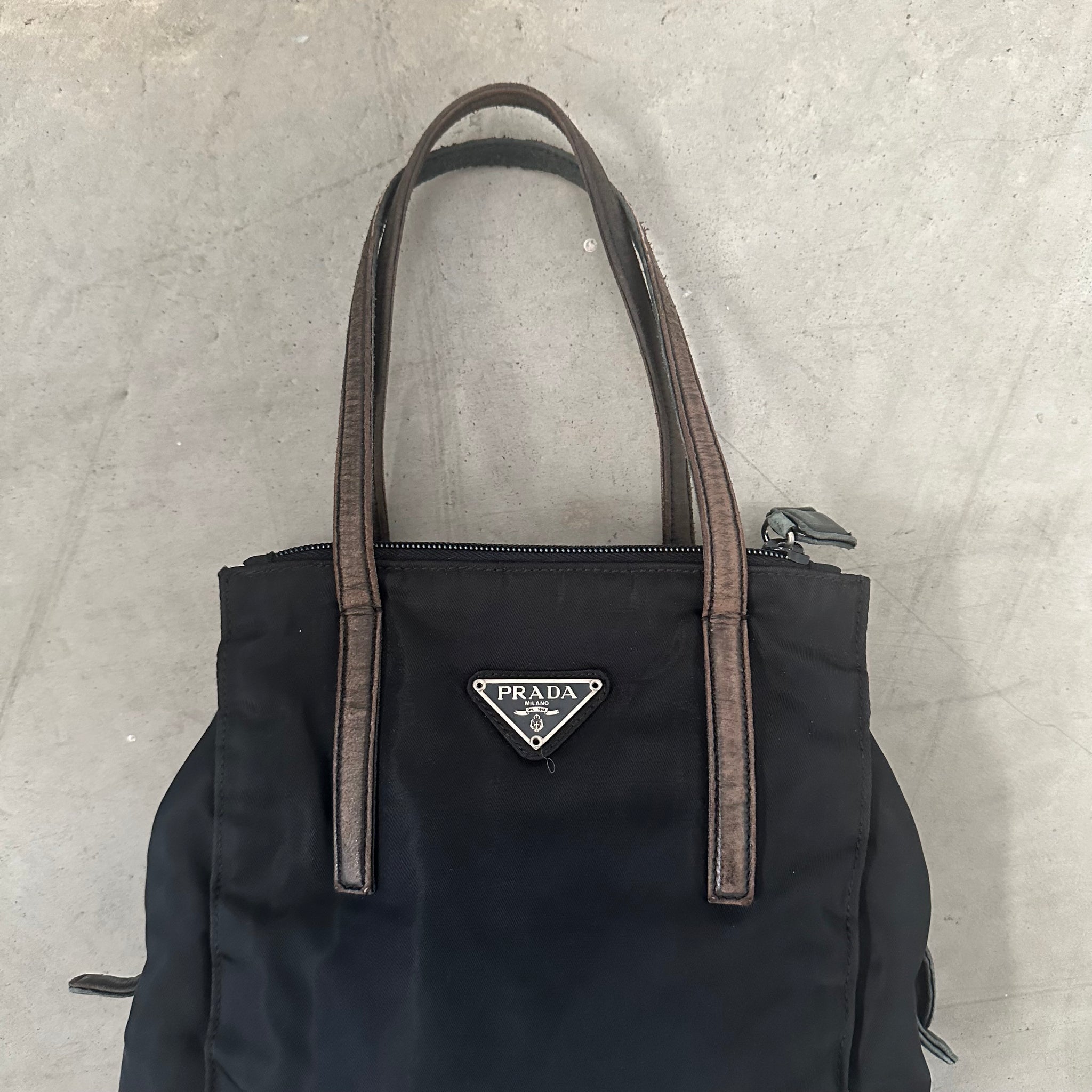 Prada Nylon Black Multi Pocket Leather Handle Hand Bag