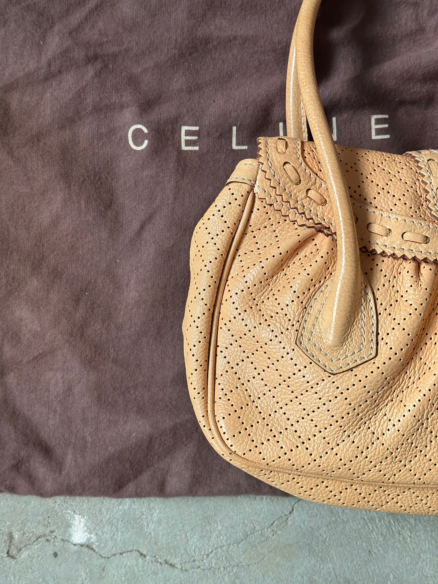 Celine Perforated Leather Shoulder Bag Beige