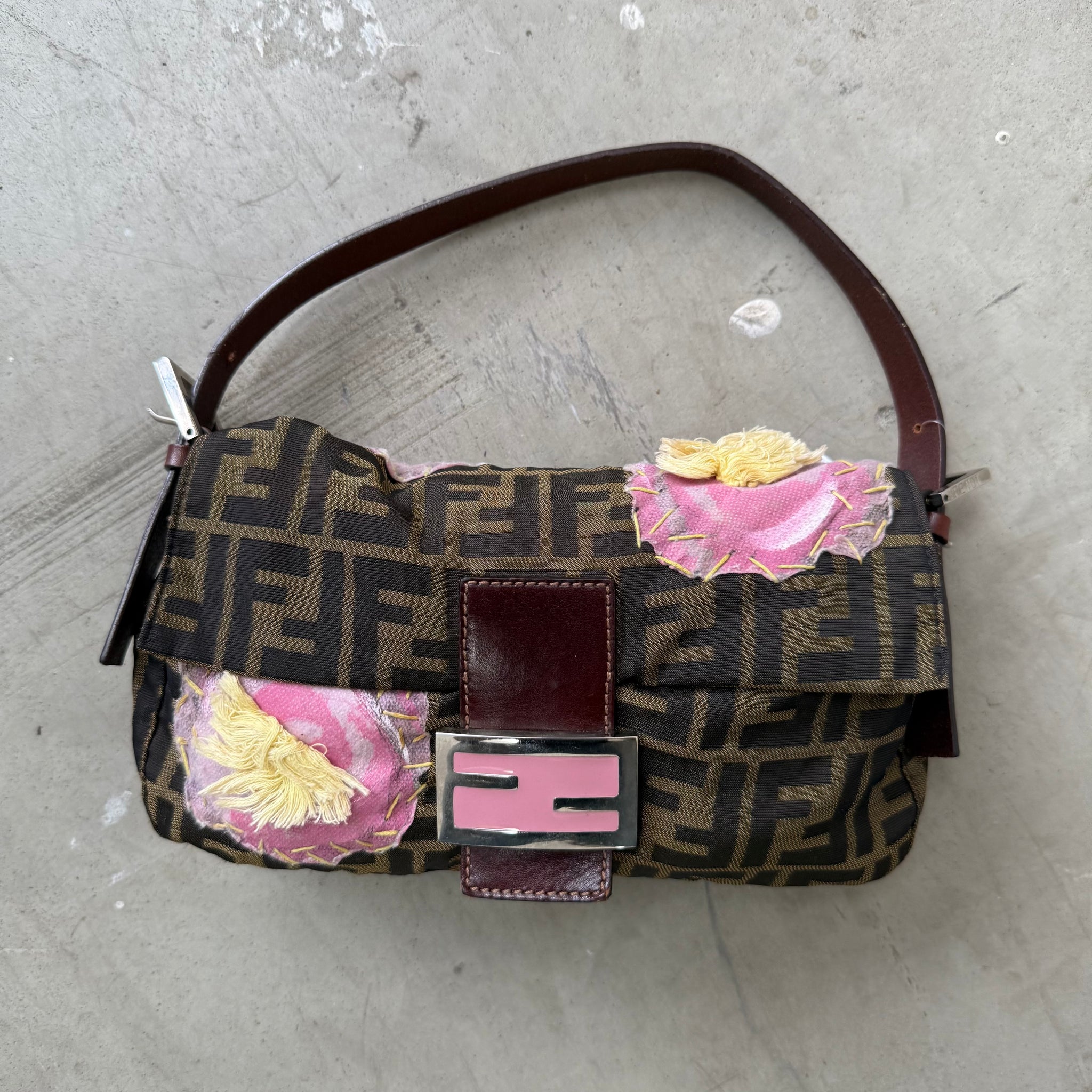 Fendi Baguette Brown Flower Applique Silver Hardware