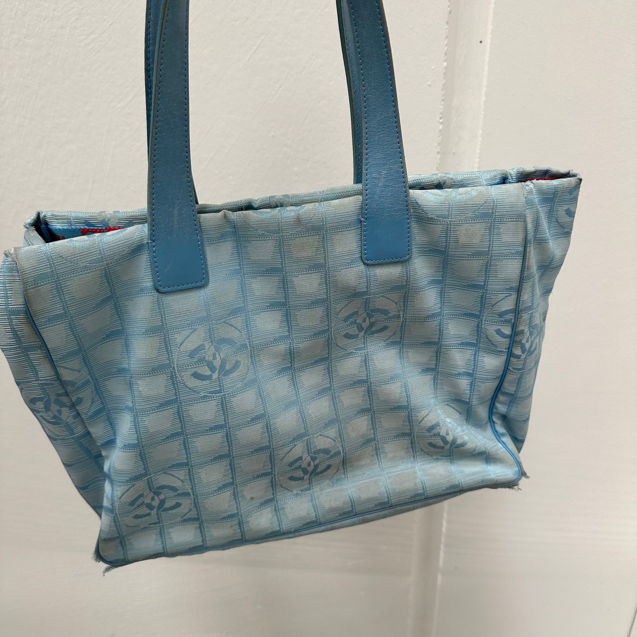 Chanel Travel Line Jacquard Nylon Tote Bag Light Blue