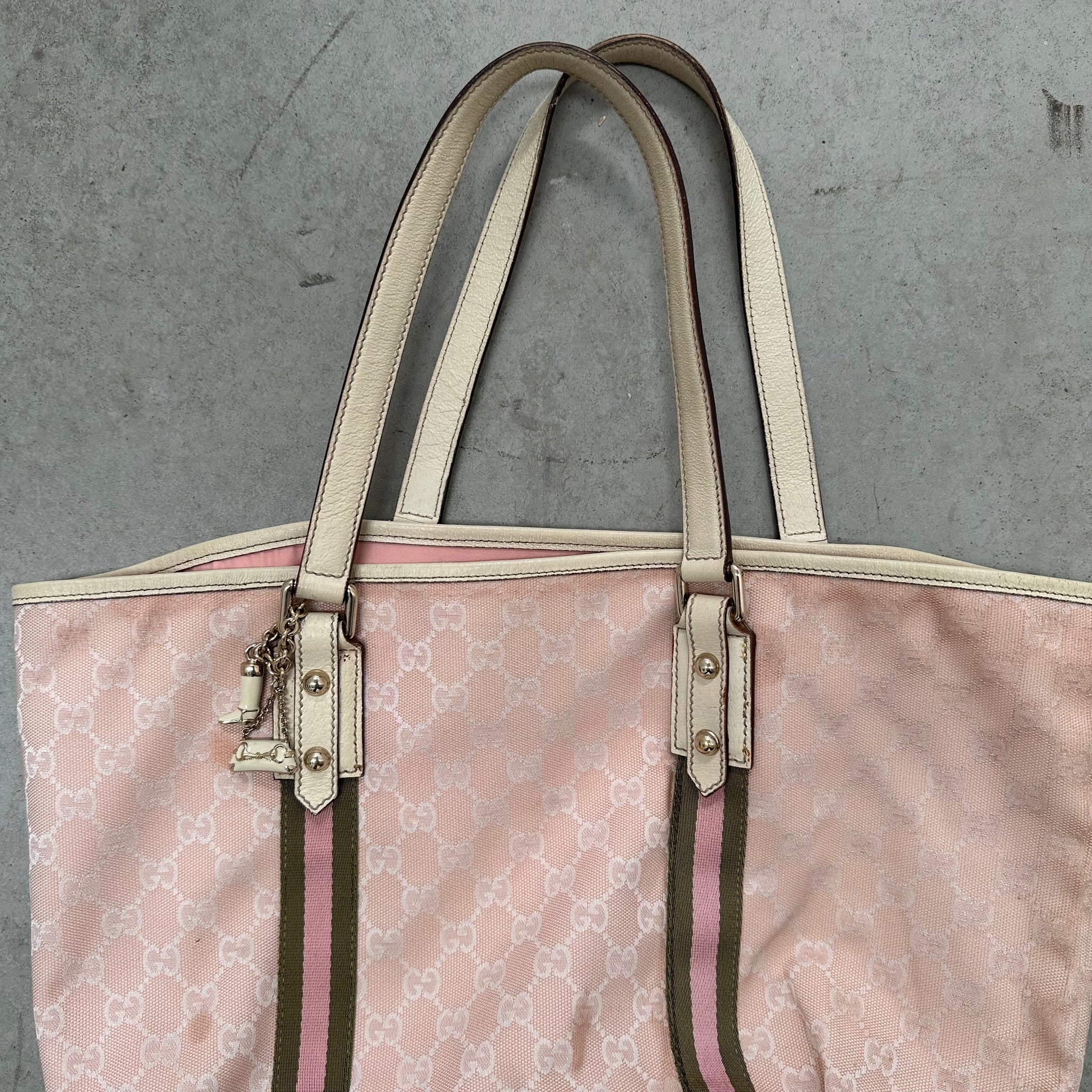 Gucci Stripe Charm Hand Bag Canvas Pink