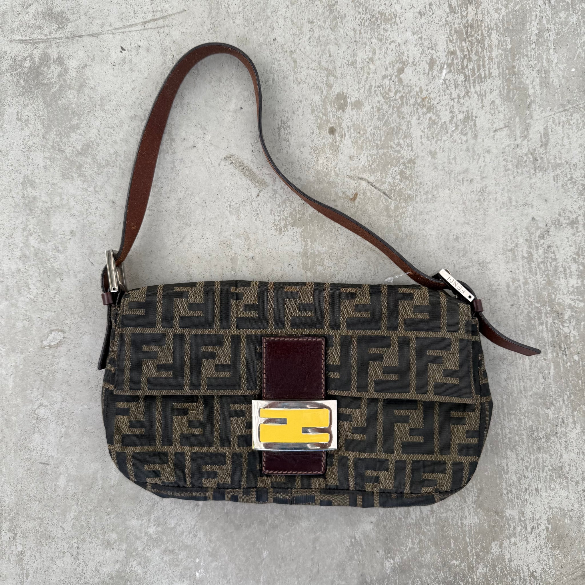 Fendi Zucca Print Baguette Bag with Yellow Buckle