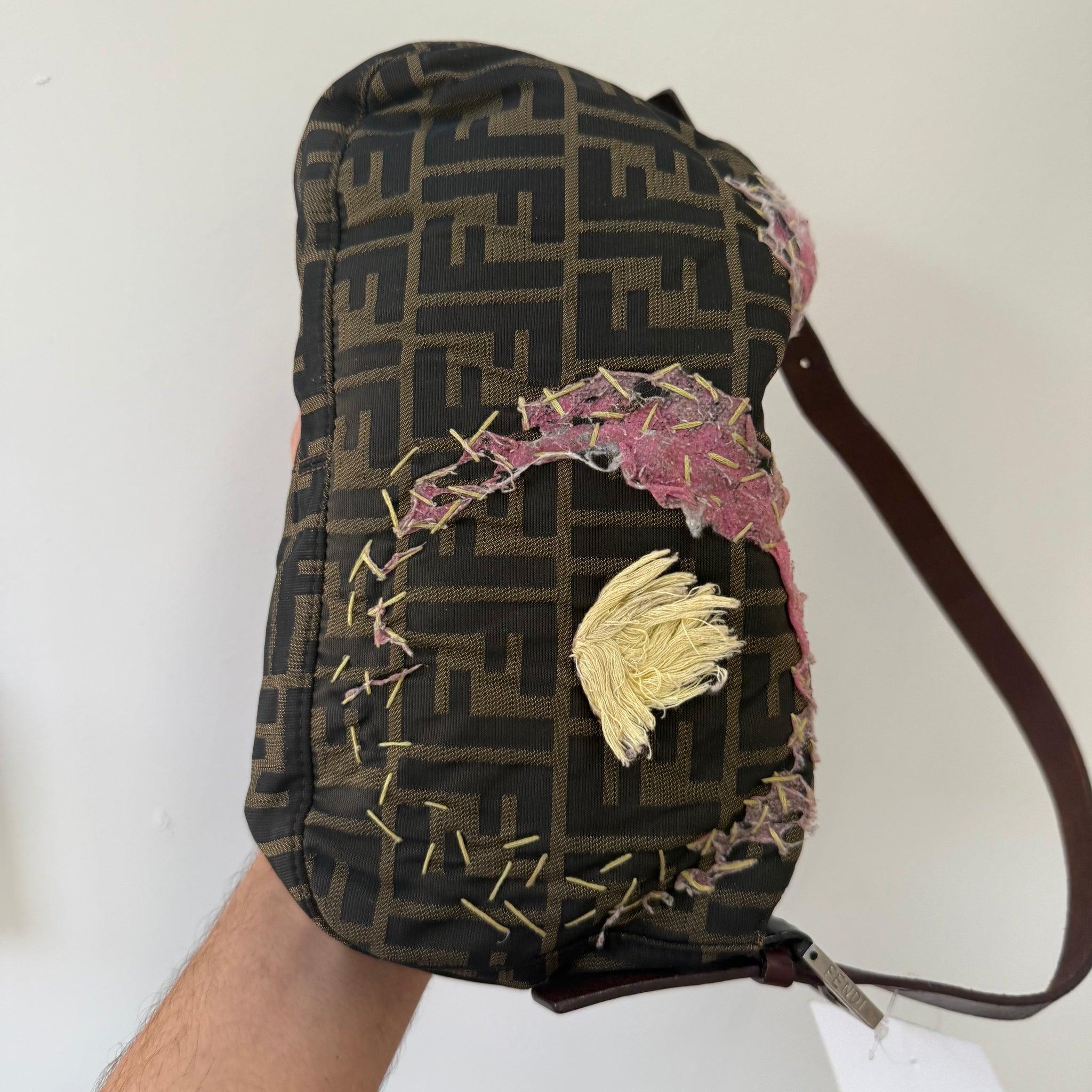 Fendi Baguette Brown Flower Applique Silver Hardware